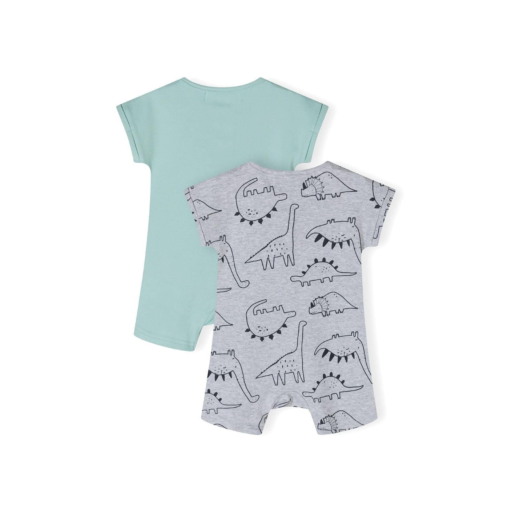 Close-up view of grey baby romper with black line-drawn dinosaur pattern featuring various dinosaur species on light grey fabric