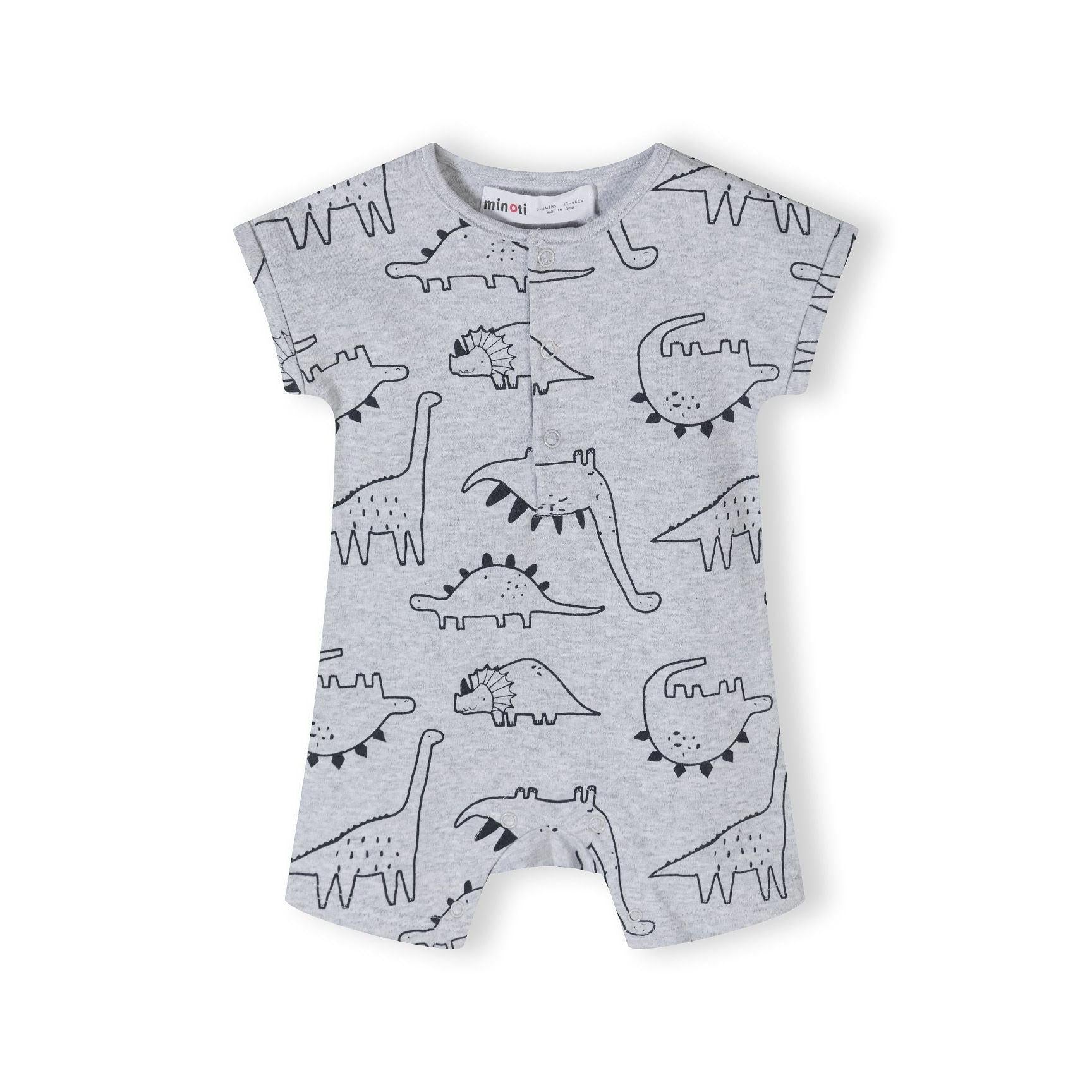 Close-up view of grey baby romper with black line-drawn dinosaur pattern featuring various dinosaur species on light grey fabric