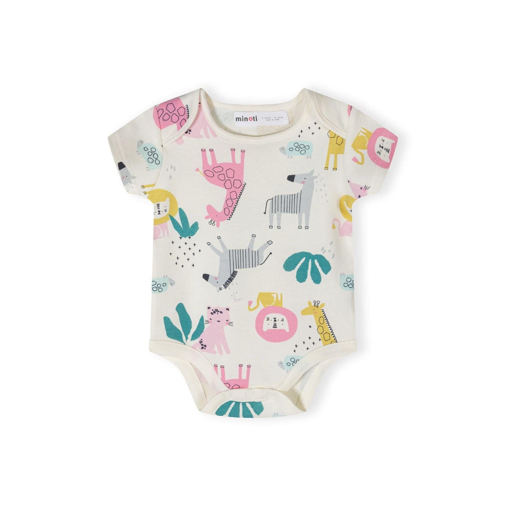Close-up front view of cream coloured bodysuit with colourful safari animals including giraffes, elephants, and tropical leaves print