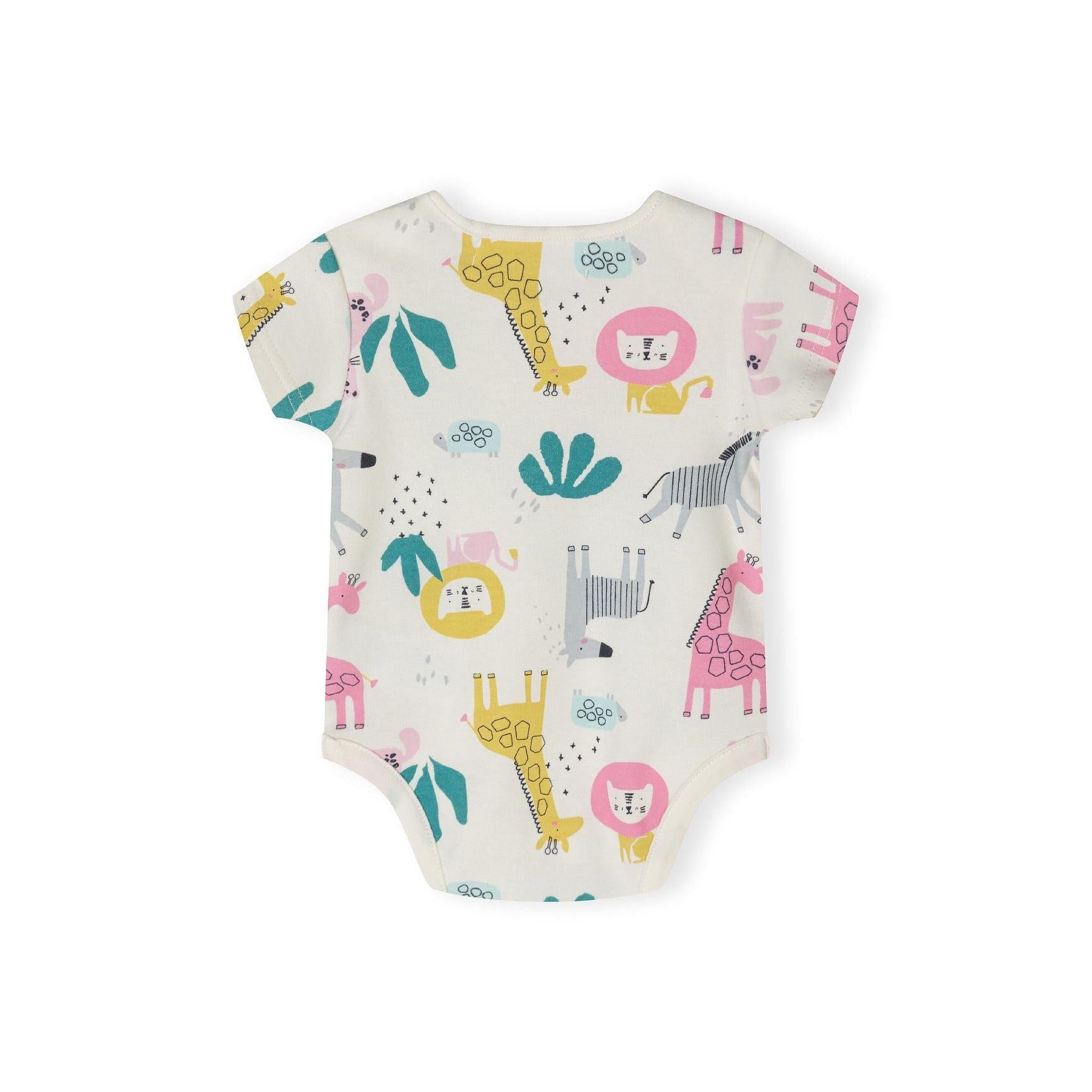 Detail view of pink bodysuit showing orange leopard with spots design and 'love your friends' text with blue flower accent