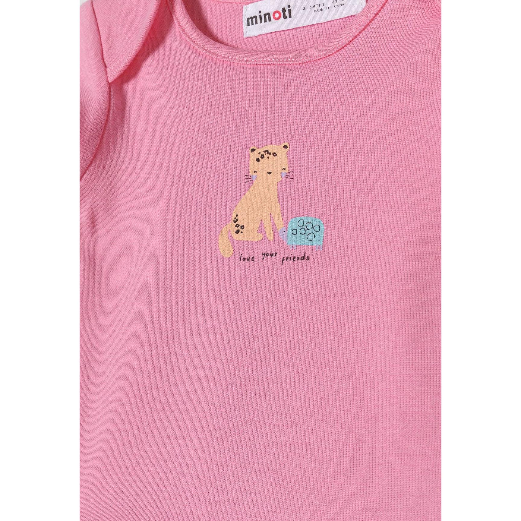 Detail view of pink bodysuit showing orange leopard with spots design and 'love your friends' text with blue flower accent