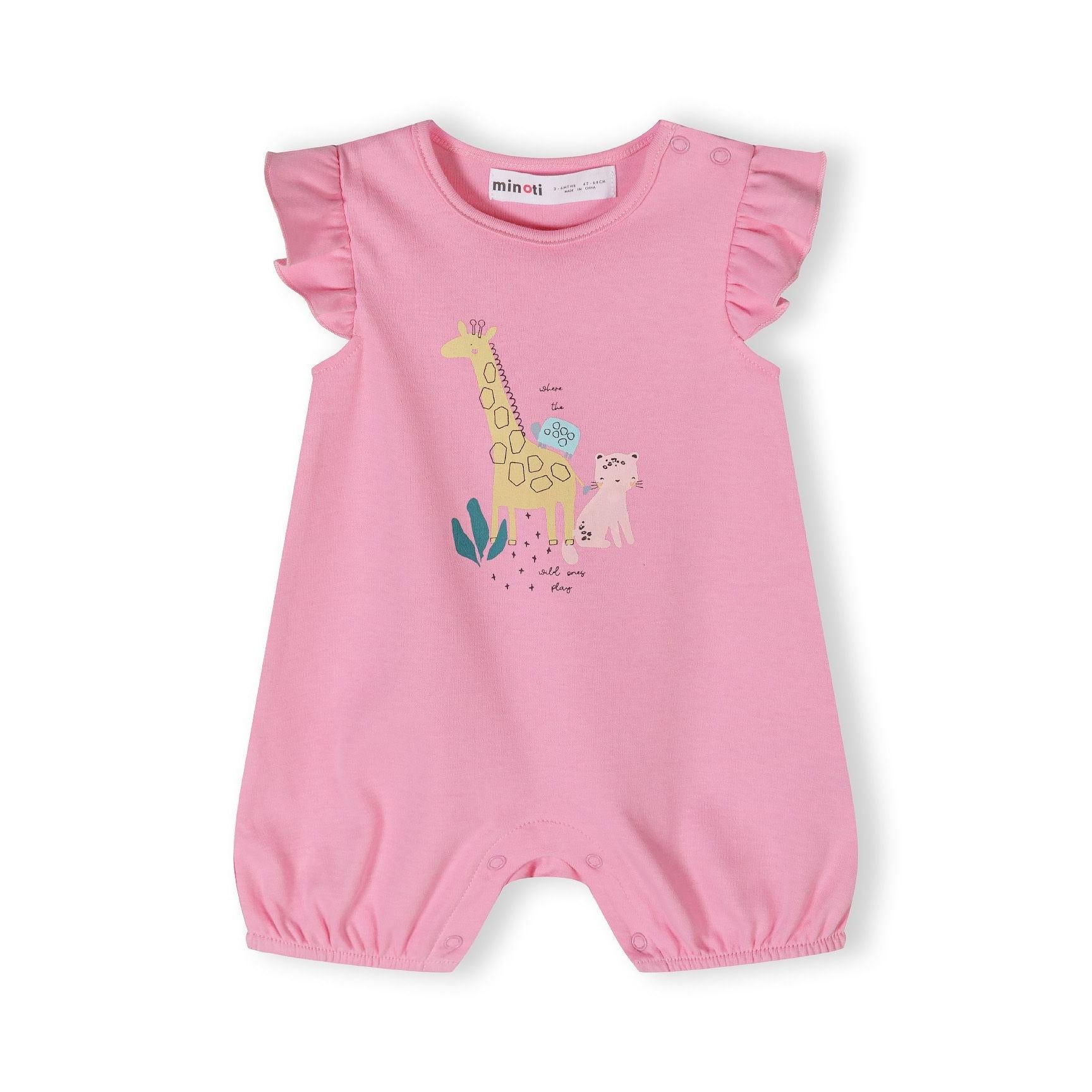 Close-up detail of cream safari print romper showing colorful giraffes, lions, elephants and decorative elements on white background