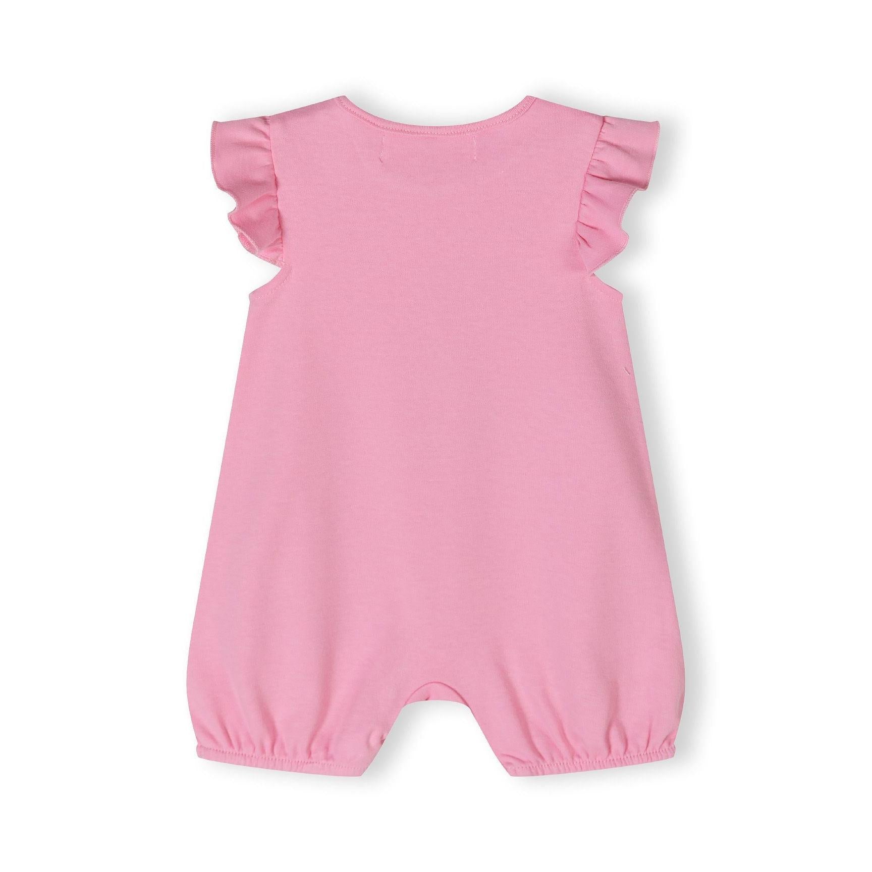 Back view of pink romper showing plain design with decorative frill sleeves and gathered leg openings