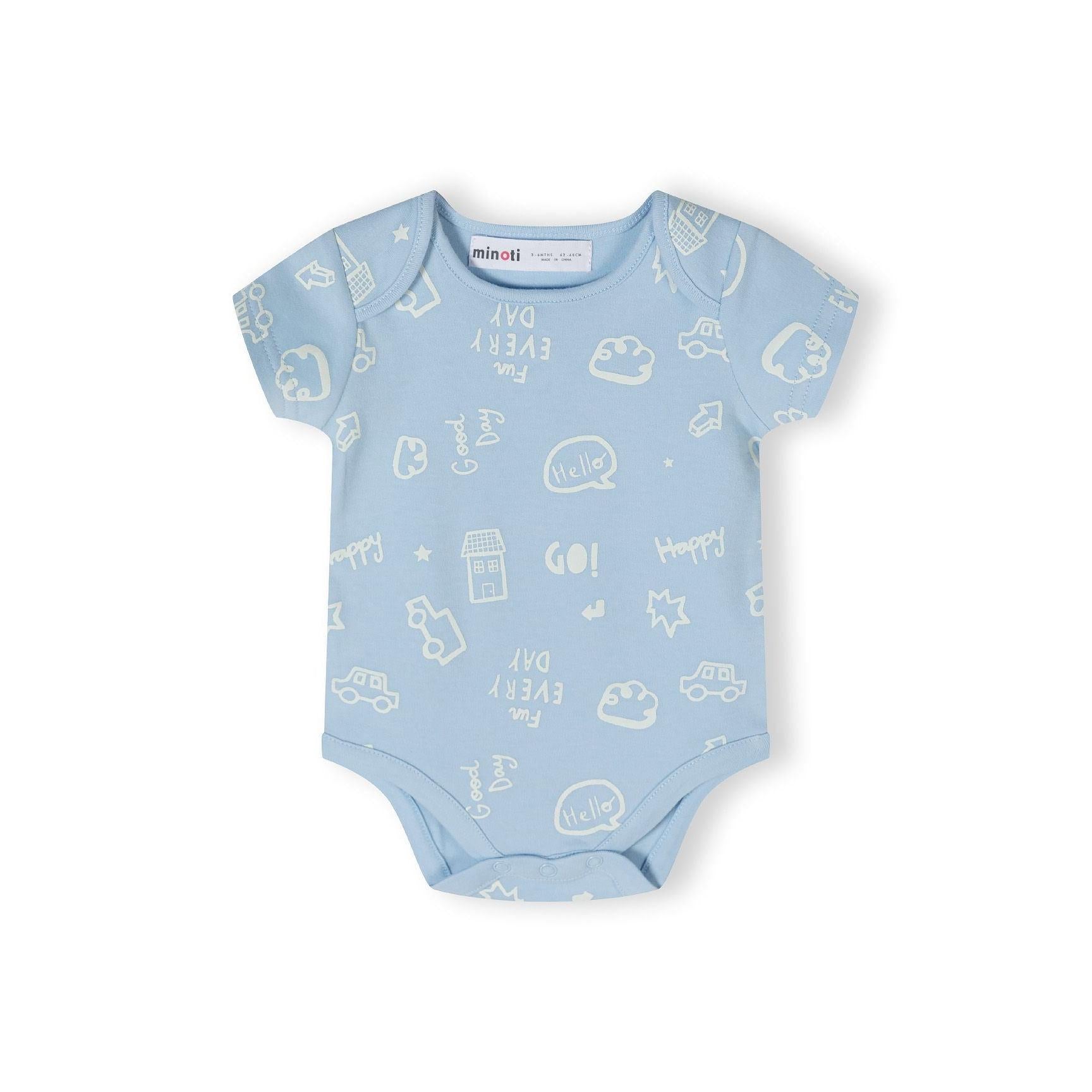 Cream coloured bodysuit with orange outline pattern featuring text 'Fun EVERY DAY' and various playful icons including faces, stars and shapes laid flat on white background