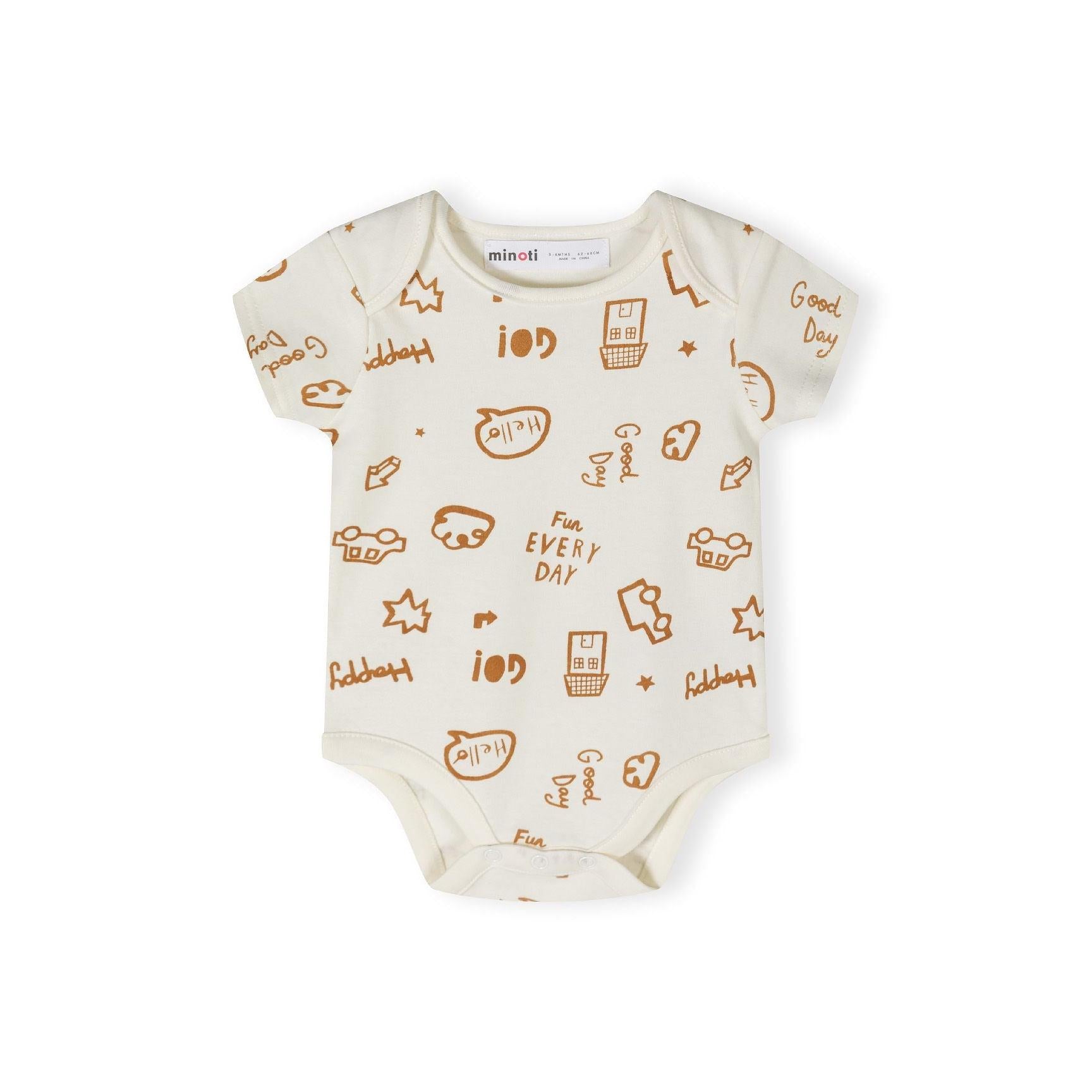 Cream coloured bodysuit with orange outline pattern featuring text 'Fun EVERY DAY' and various playful icons including faces, stars and shapes laid flat on white background
