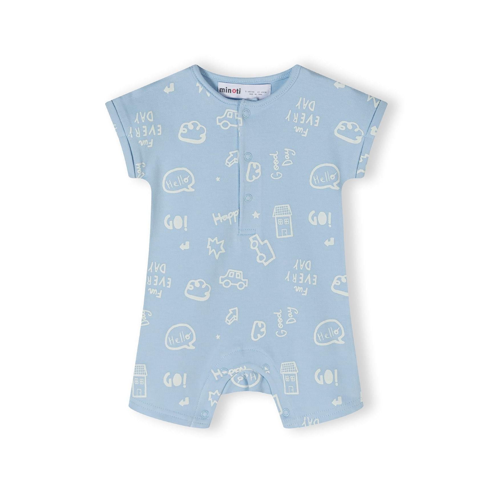 Single light blue baby romper with white printed pattern featuring cars, houses, speech bubbles and text on white background