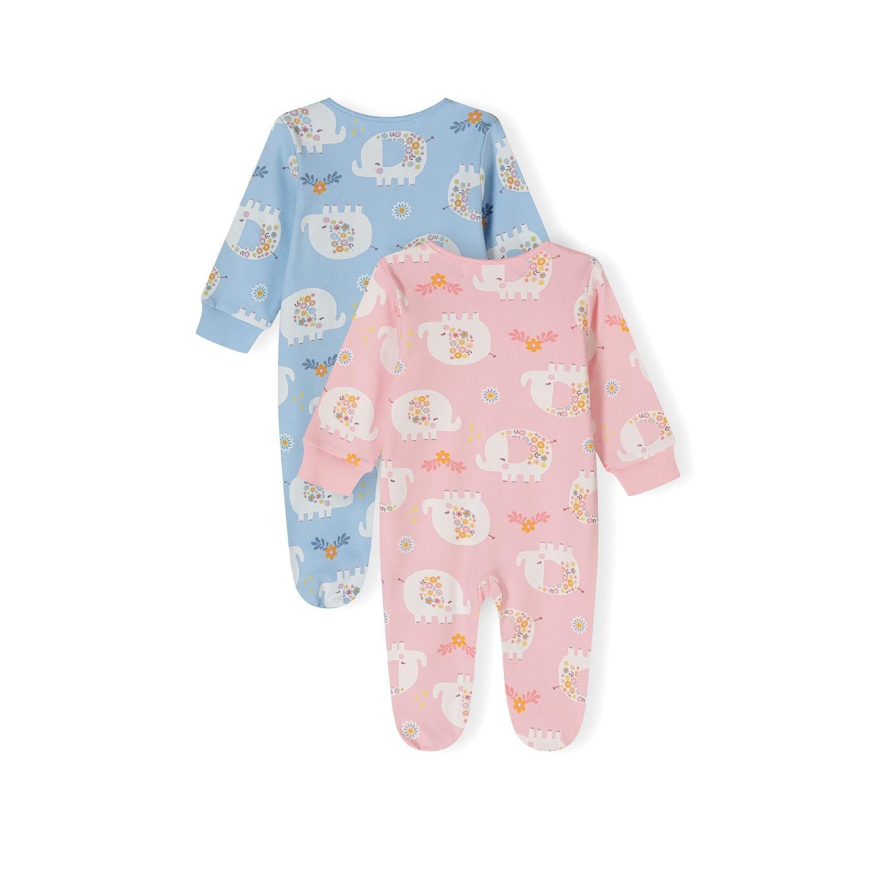 Light blue elephant print sleepsuit laid flat displaying pattern and construction details
