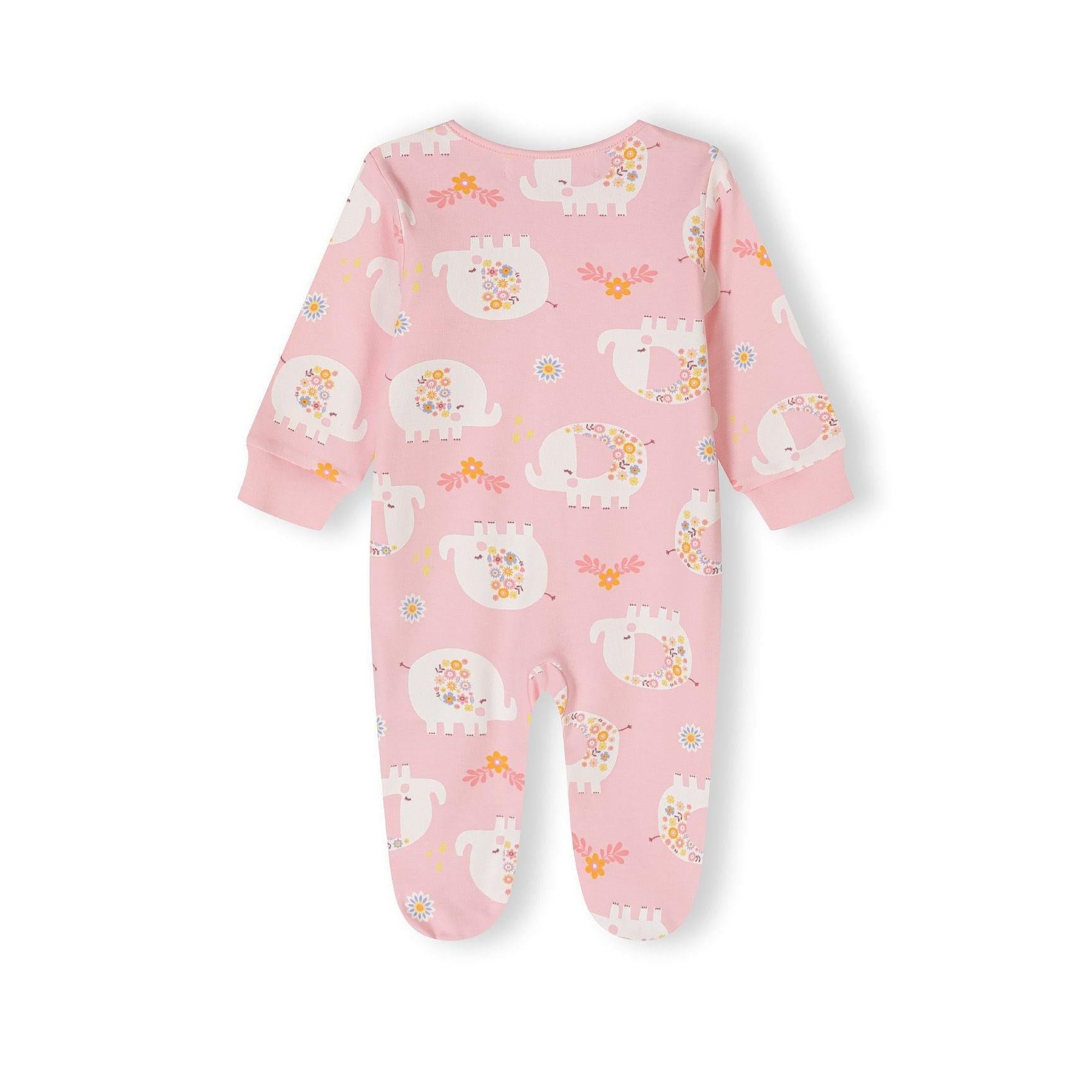 Light blue elephant print sleepsuit laid flat displaying pattern and construction details