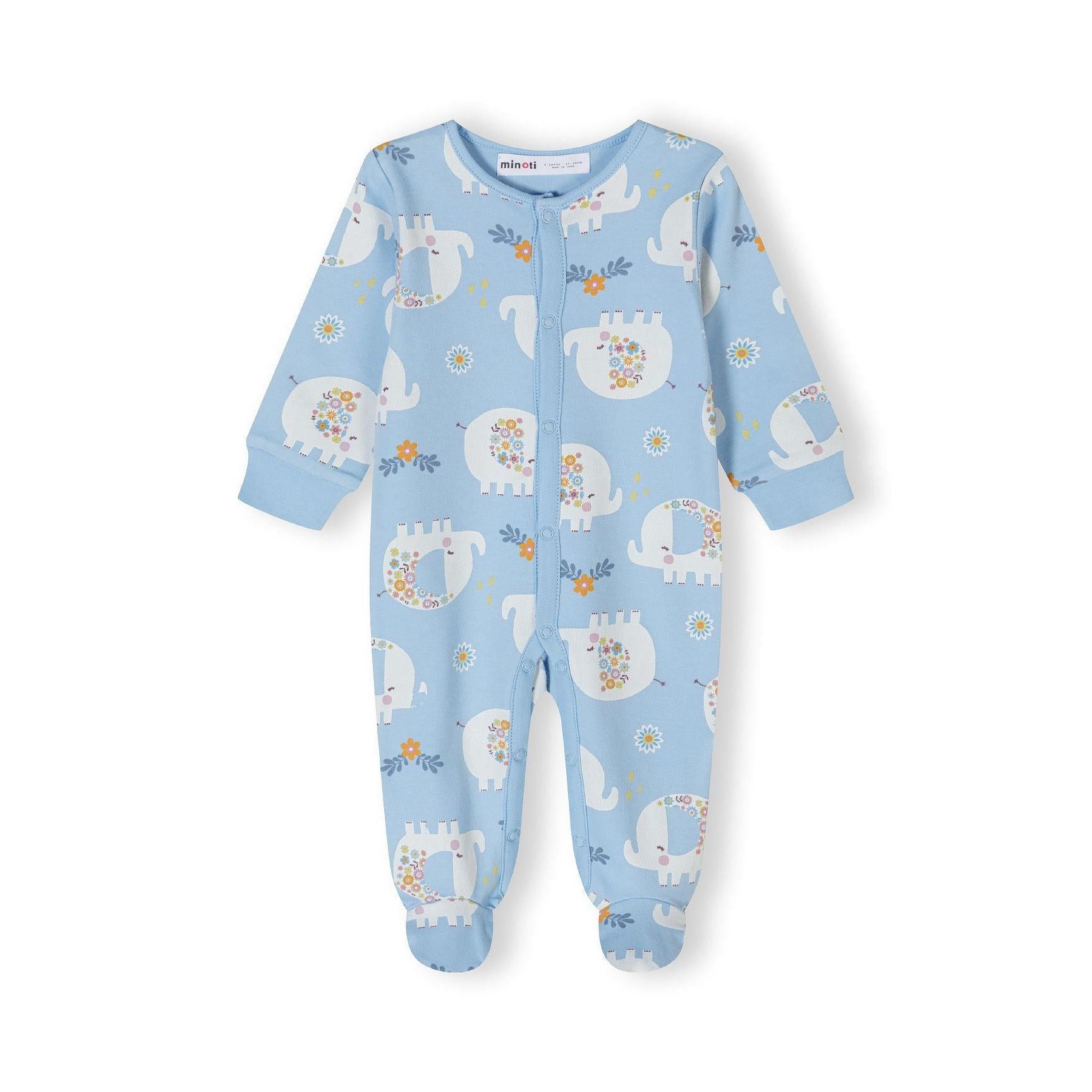 Light blue elephant print sleepsuit laid flat displaying pattern and construction details