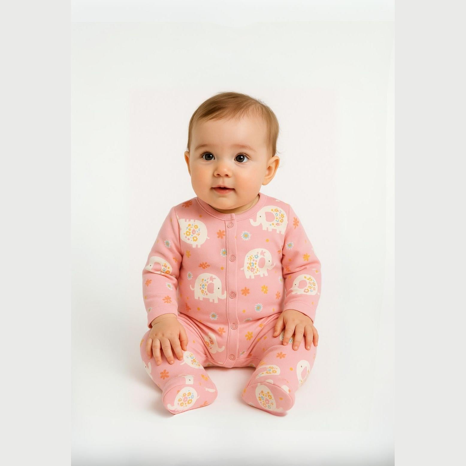 Baby wearing pink elephant print sleepsuit sitting on white surface against neutral background