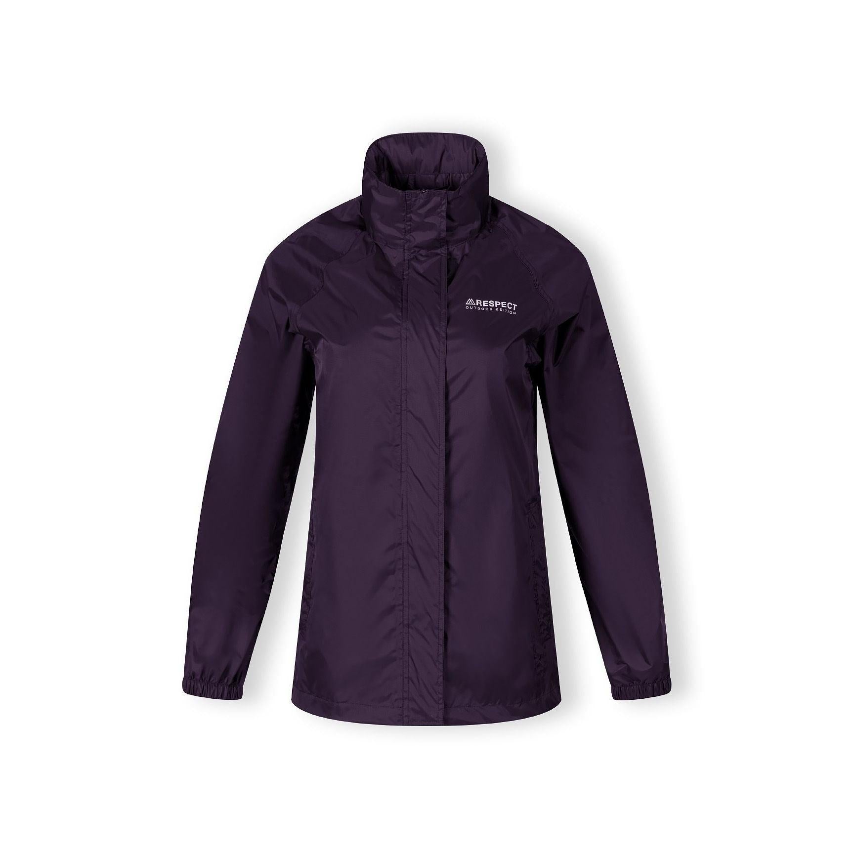 Purple packaway waterproof jacket laid flat showing full design, hood tucked into collar and overall silhouette