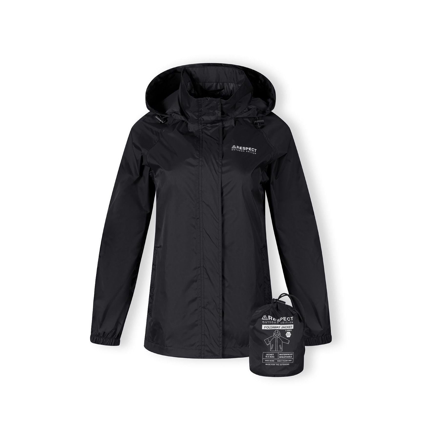 Black packaway waterproof jacket laid flat with hood visible and compact storage pouch shown alongside against white background