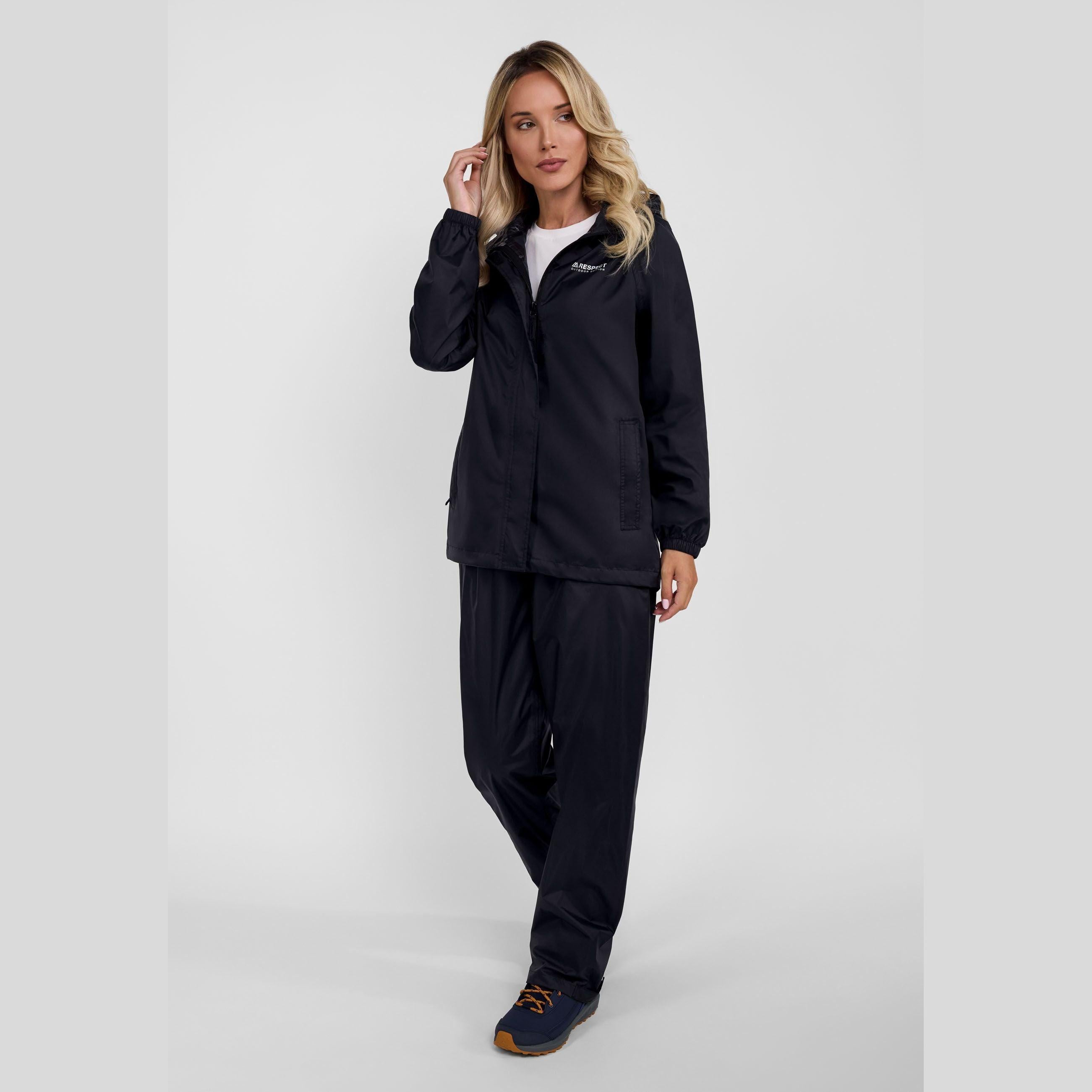 Close-up interior view of black waterproof jacket showing internal pockets and construction details