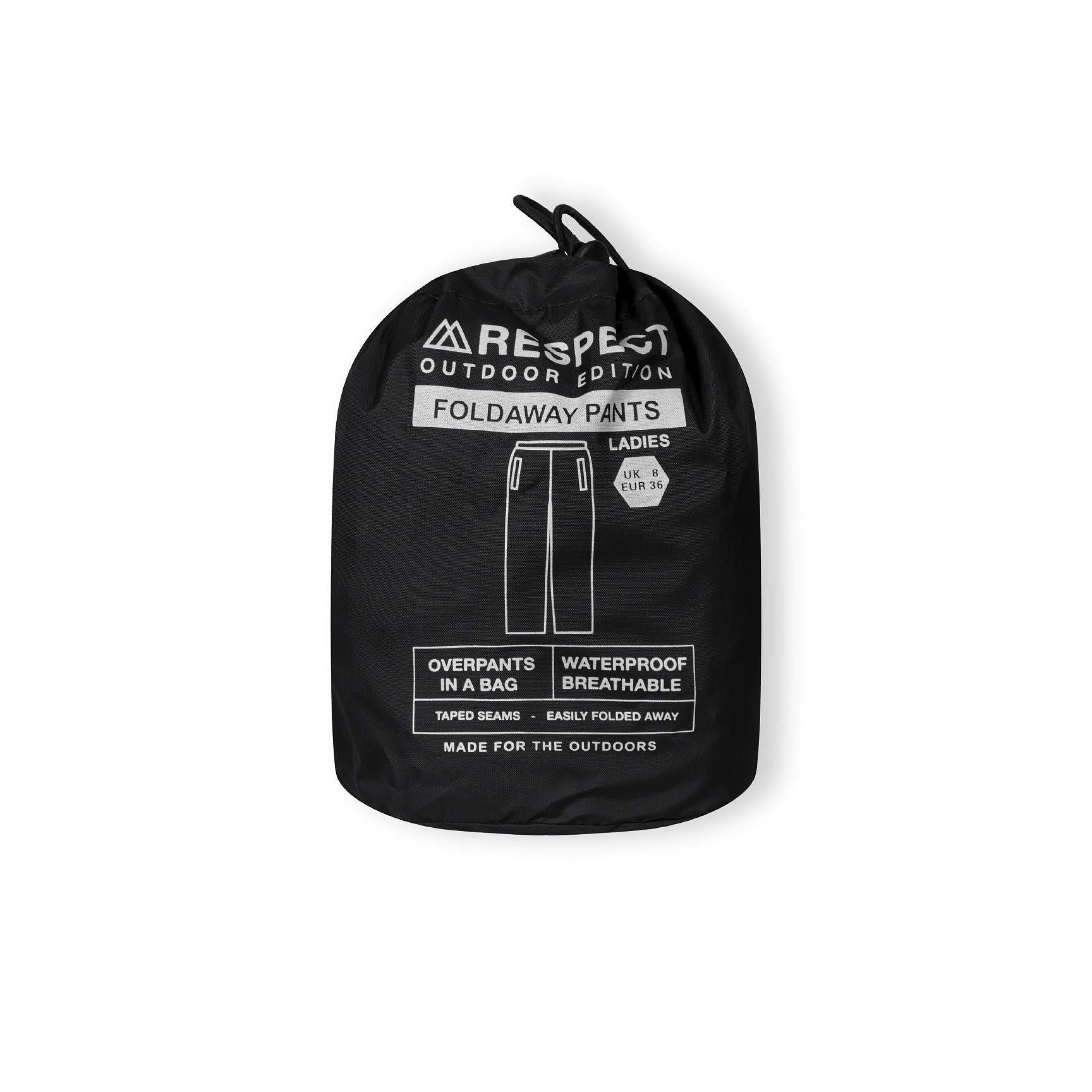Black compact storage pouch with Respect Outdoor Edition branding and foldaway pants text