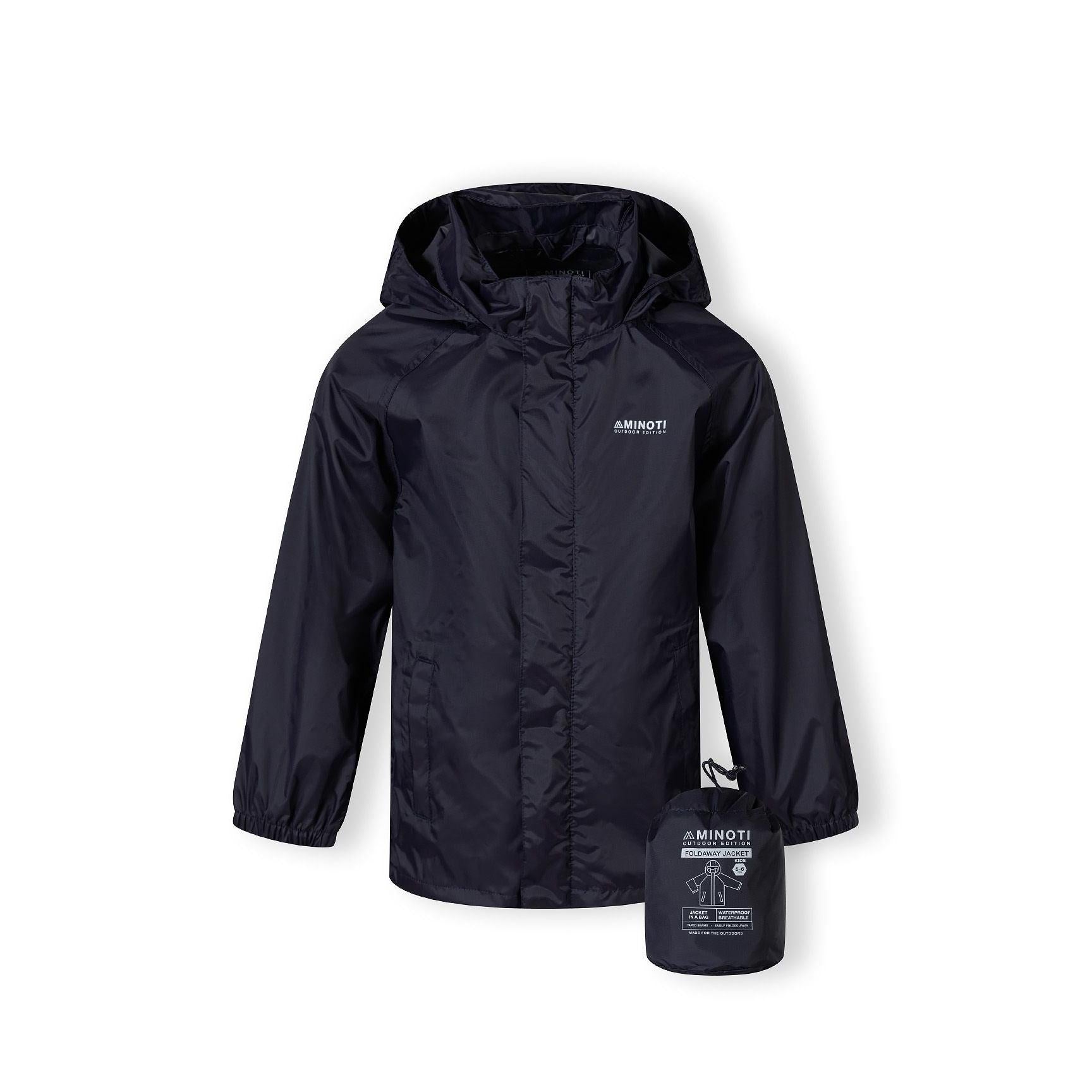 Navy packaway waterproof jacket laid flat showing front view with hood, zip closure and Minoti branding on chest