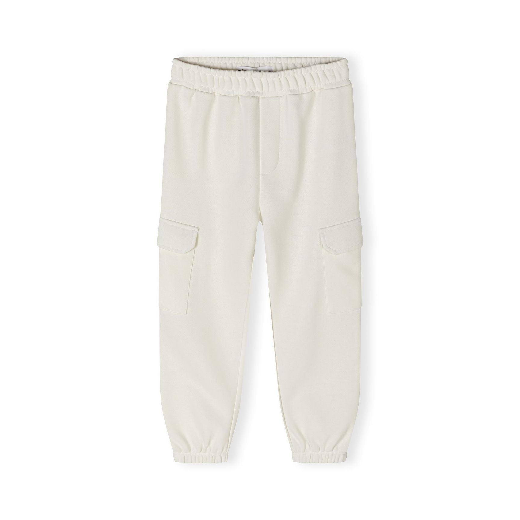 White fleece cargo joggers laid flat showing full length with elastic waistband and cargo pockets on legs
