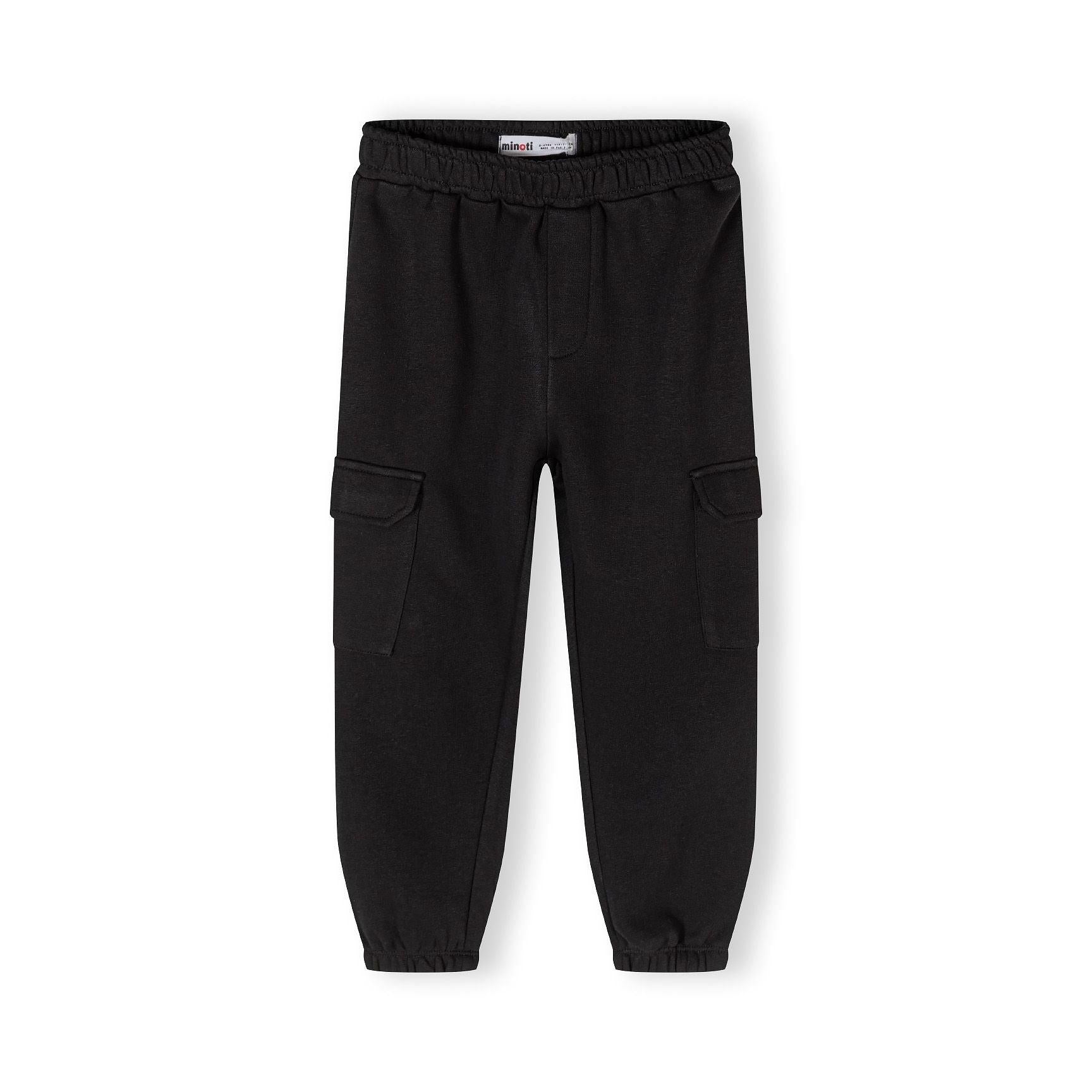 Black fleece cargo joggers laid flat showing full length with elasticated waistband and side cargo pockets