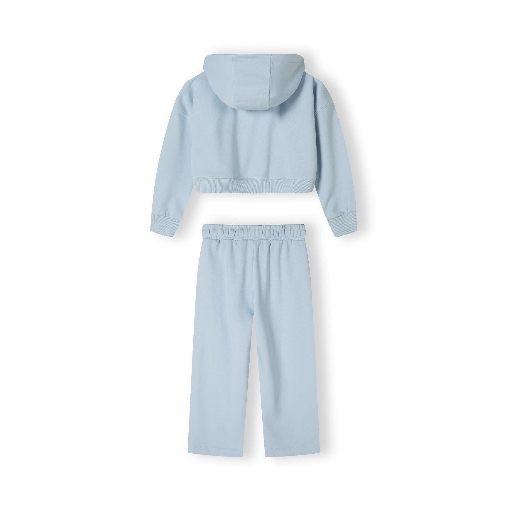 Close-up detail of light blue wide leg joggers showing elastic waistband with drawstring and white USA 1967 text print