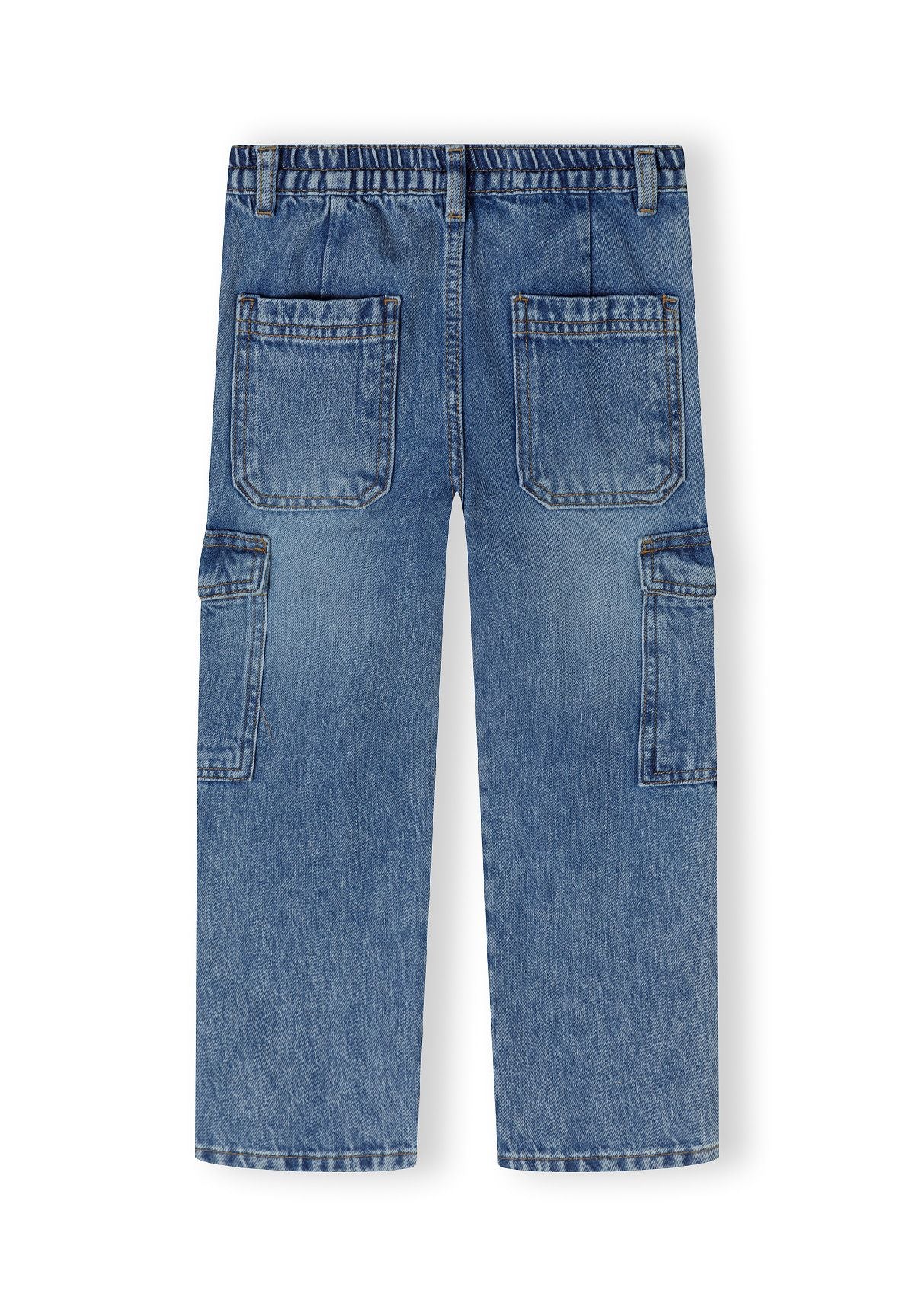 Navy denim cargo jeans laid flat showing back view with cargo pockets and elastic waistband detail