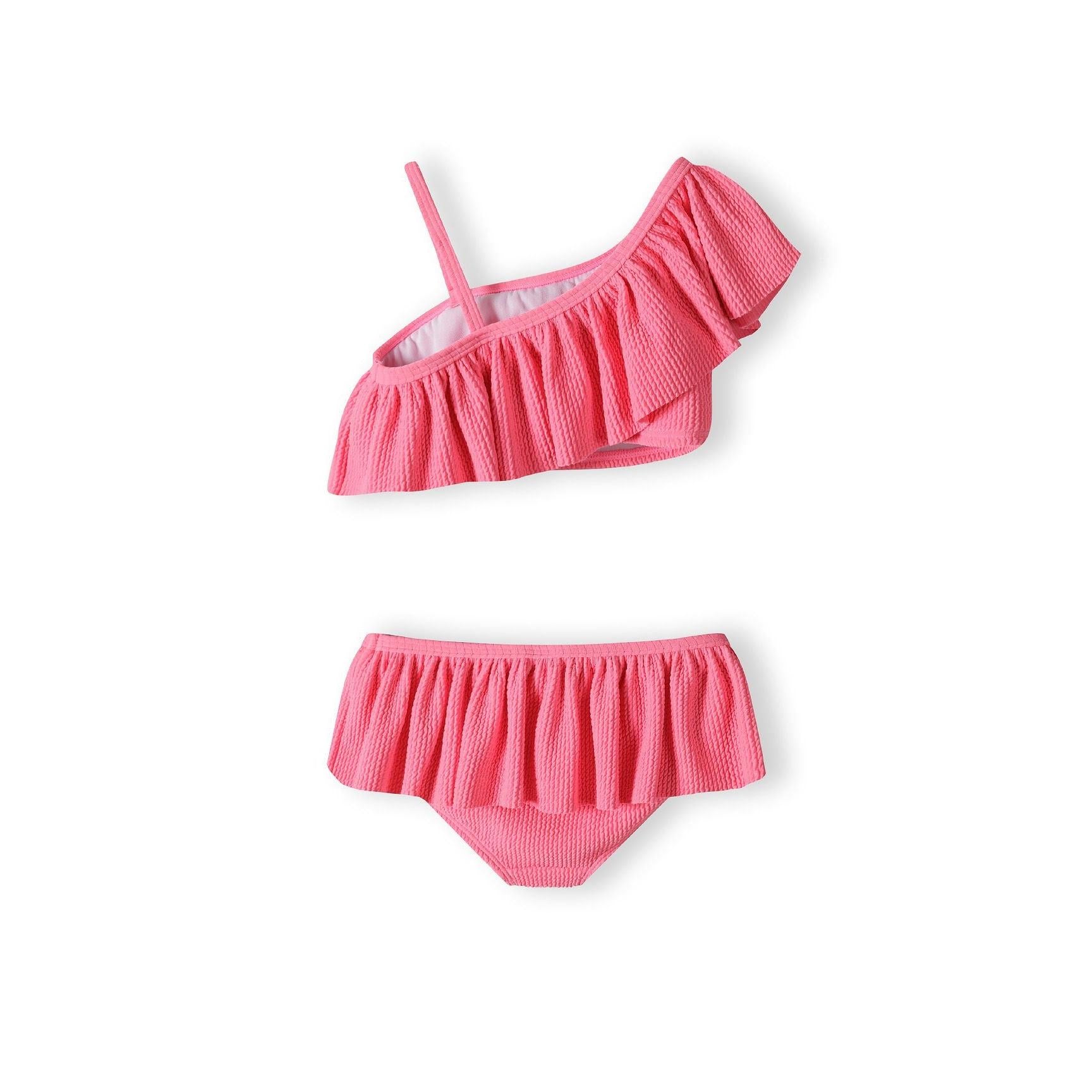 Pink ruffled bikini bottom with gathered waistband detail on white background