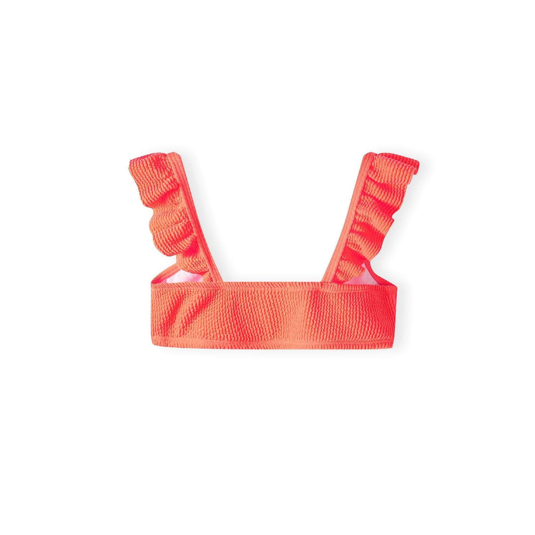 Close-up view of orange bikini top with textured quick-dry fabric and decorative ruffle shoulder straps on white background