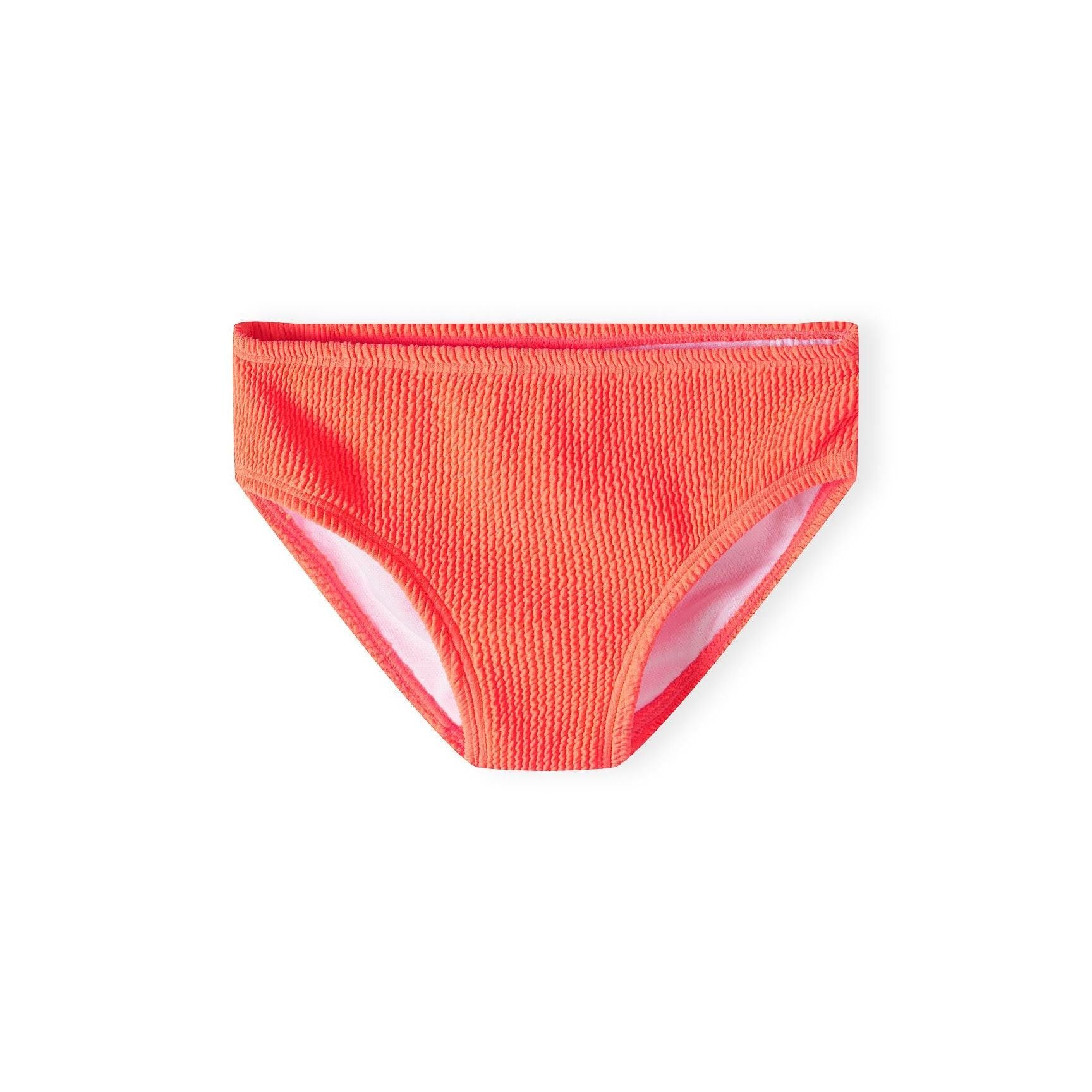 Orange bikini bottom with textured quick-dry fabric in classic brief cut displayed flat on white background