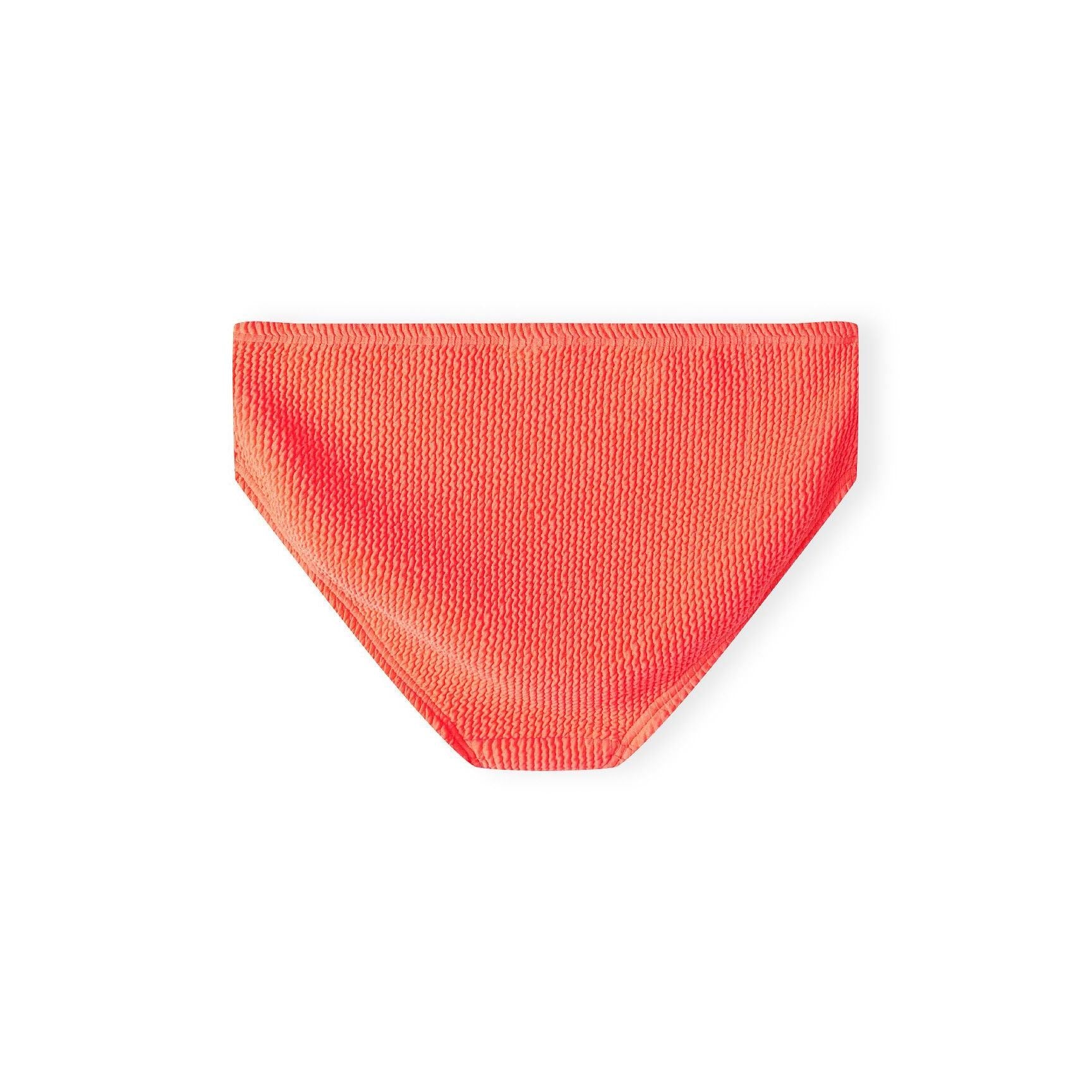 Orange bikini bottom with textured quick-dry fabric in classic brief cut displayed flat on white background