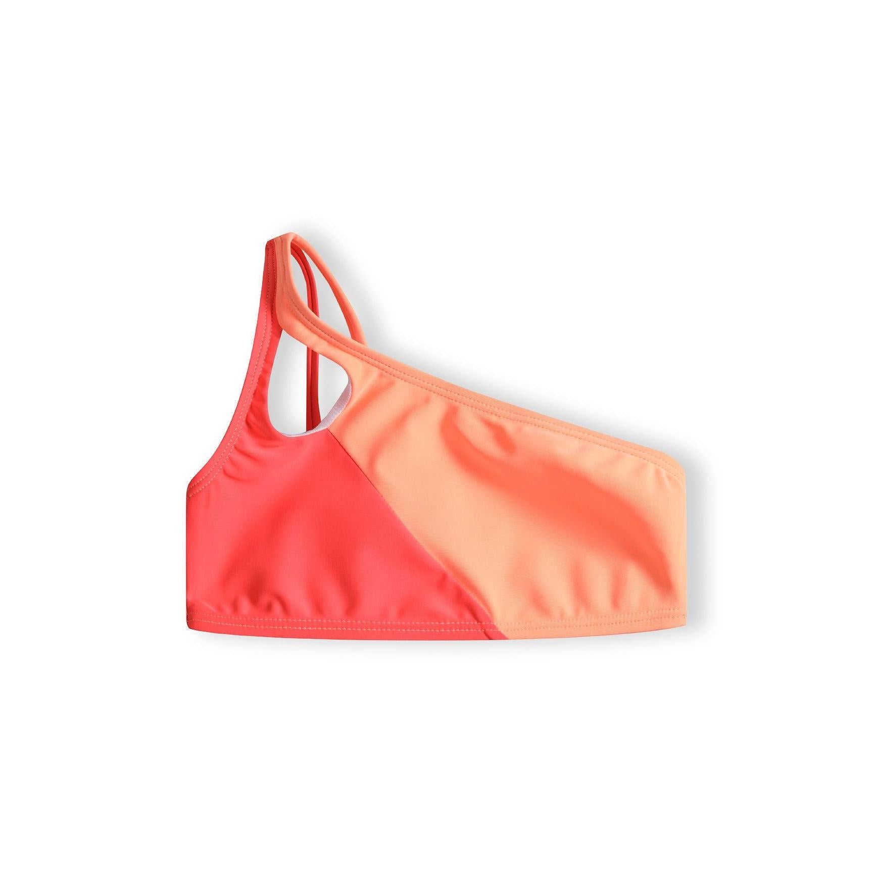 Bikini briefs in apricot and coral colour-block design showing classic cut and colour placement on white background