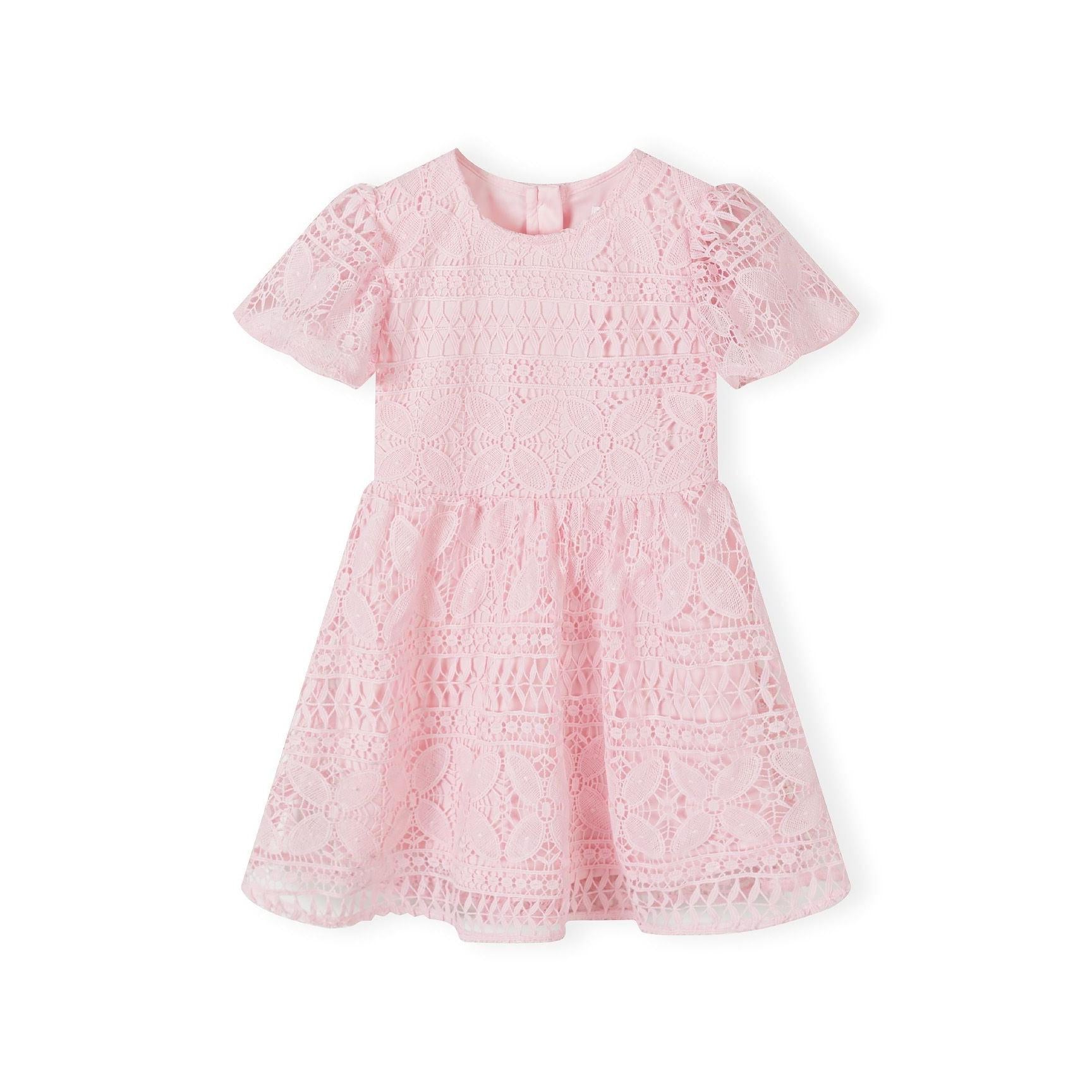 Back view of pink lace dress showing button fastening and intricate lace pattern detail on white background