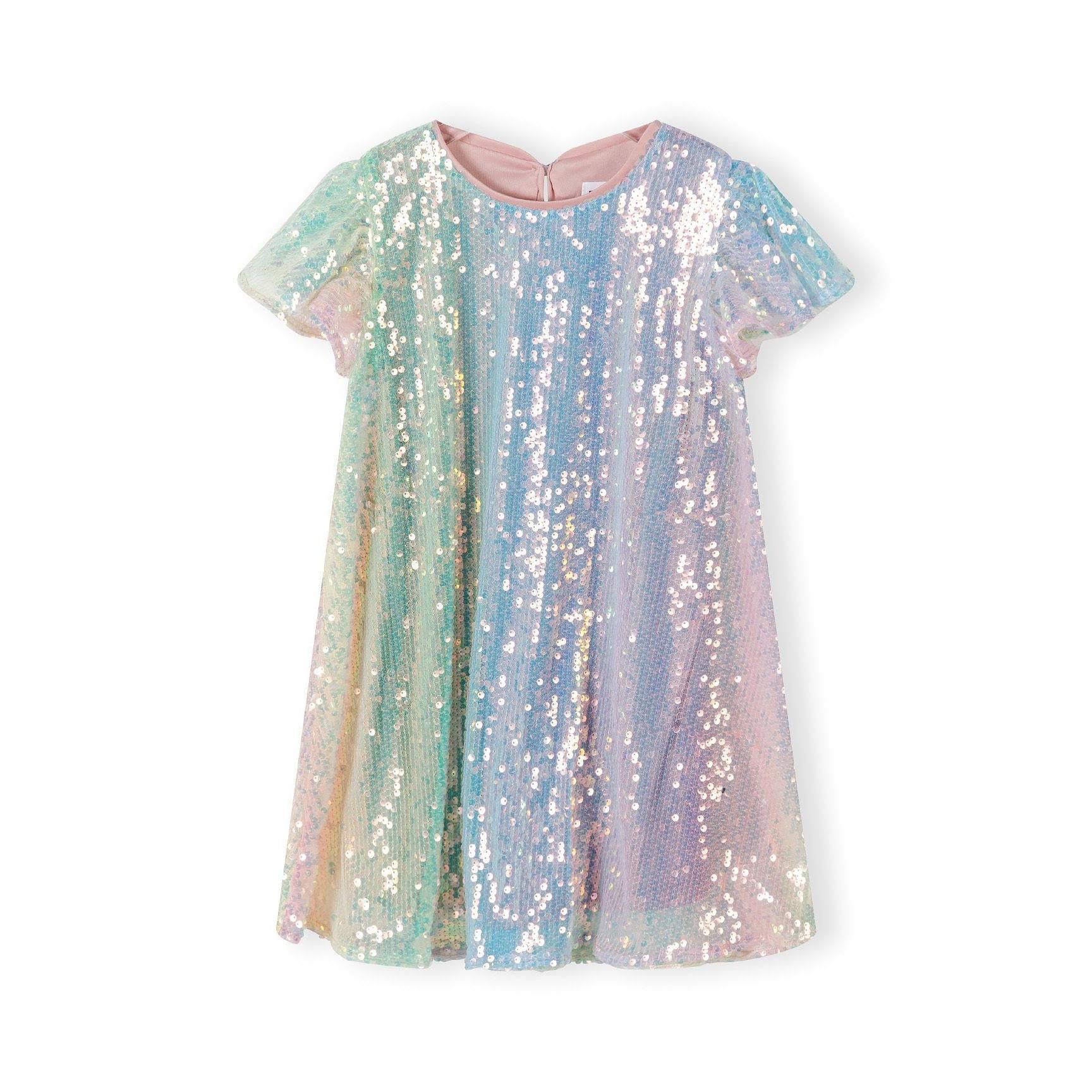 Back view of multicolour sequin dress showing keyhole neckline detail and shimmering rainbow fabric texture