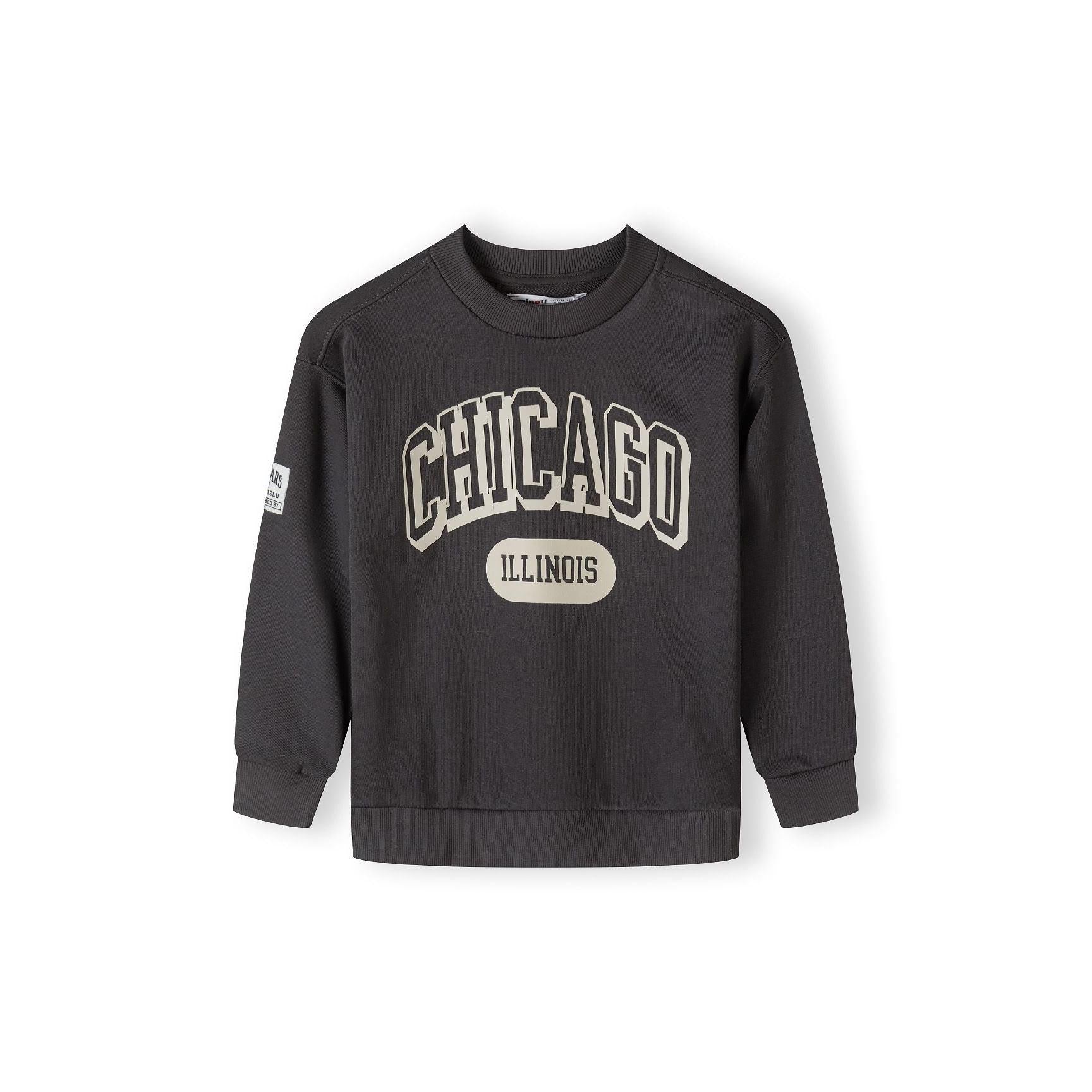 Back view of grey crew neck sweatshirt showing plain design with small white label patch on sleeve against white background