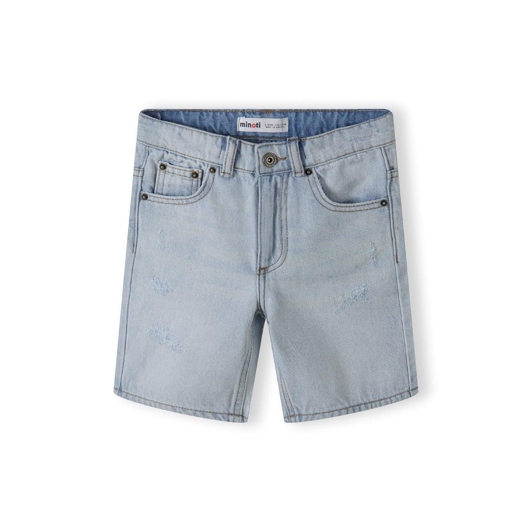 Back view of light blue denim shorts showing classic 5-pocket design and Minoti label on waistband