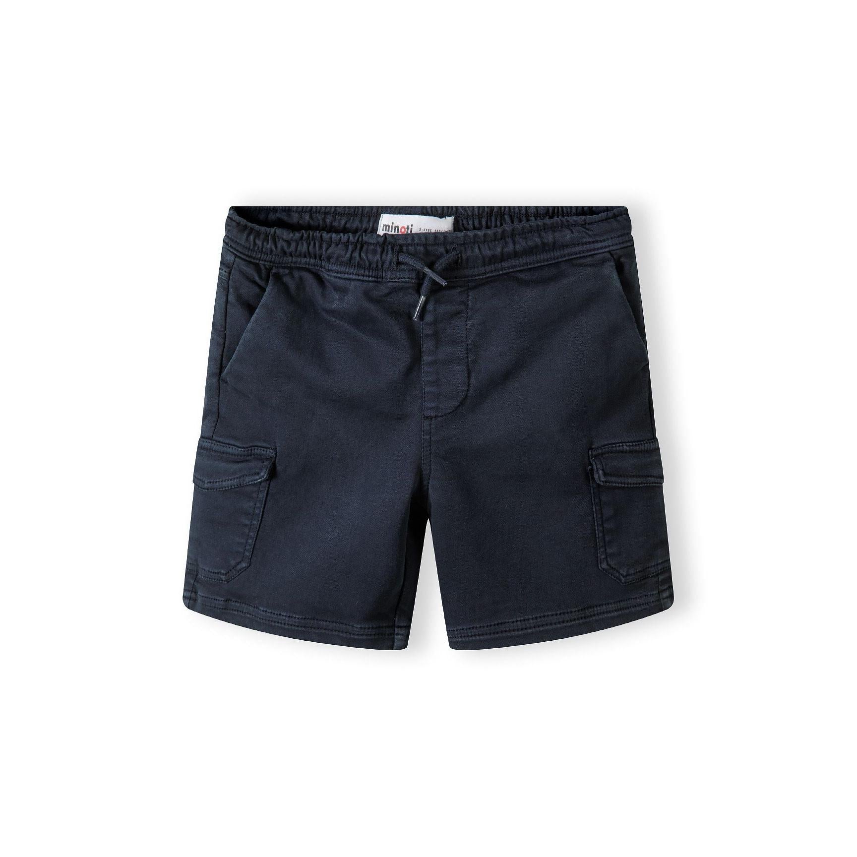 Back view of navy cargo shorts showing elasticated waistband and cargo pockets on white background