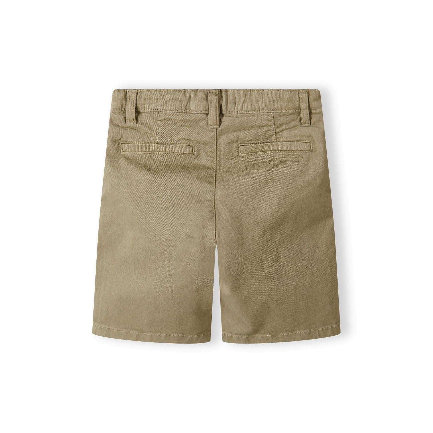 Back view of beige chino shorts showing classic tailored cut with belt loops and back pockets on white background