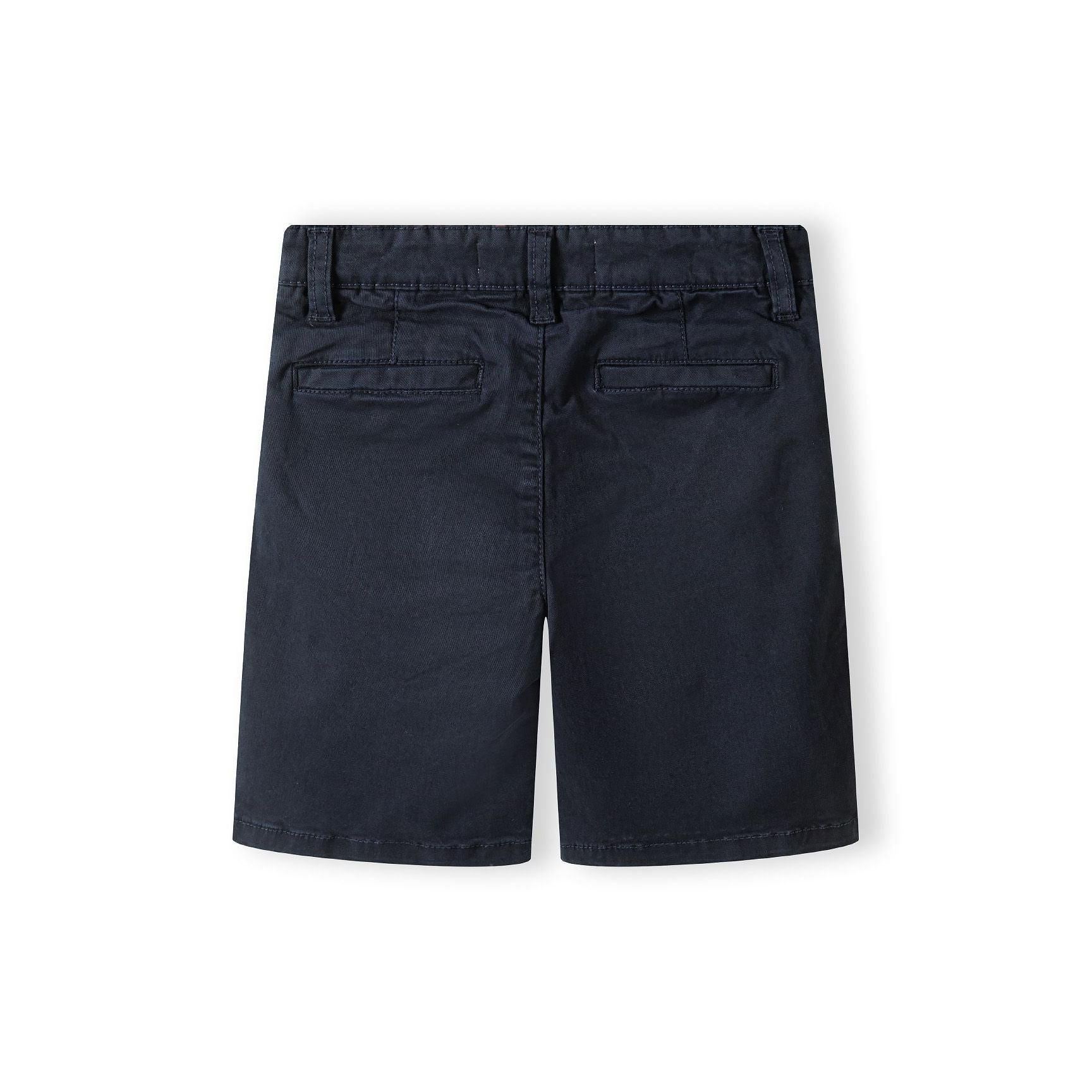 Back view of navy chino shorts showing rear pockets and belt loops detail on flat surface
