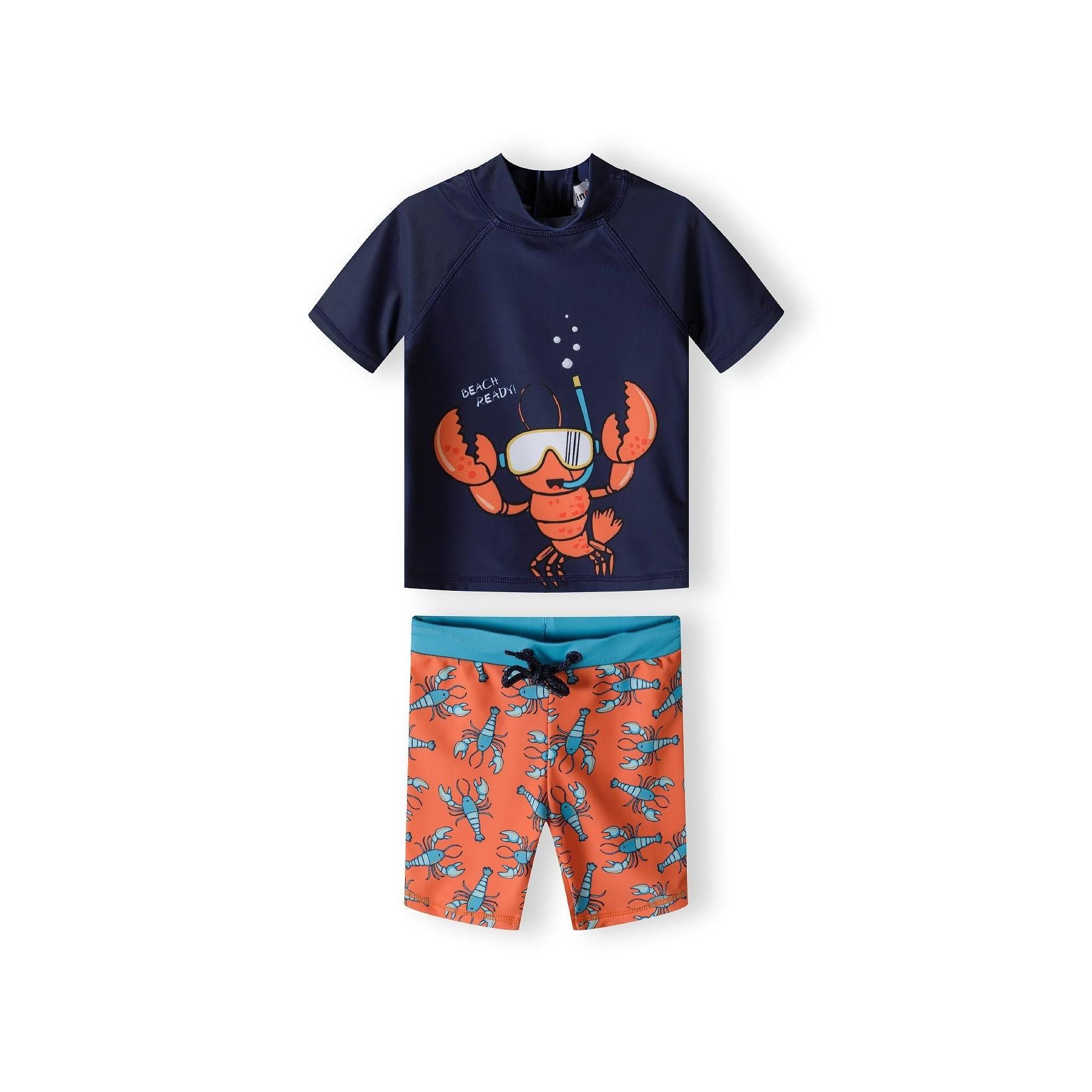 Navy rashguard top and coral orange swim shorts laid flat on white background, showing snorkelling lobster print on top and all-over lobster pattern on shorts