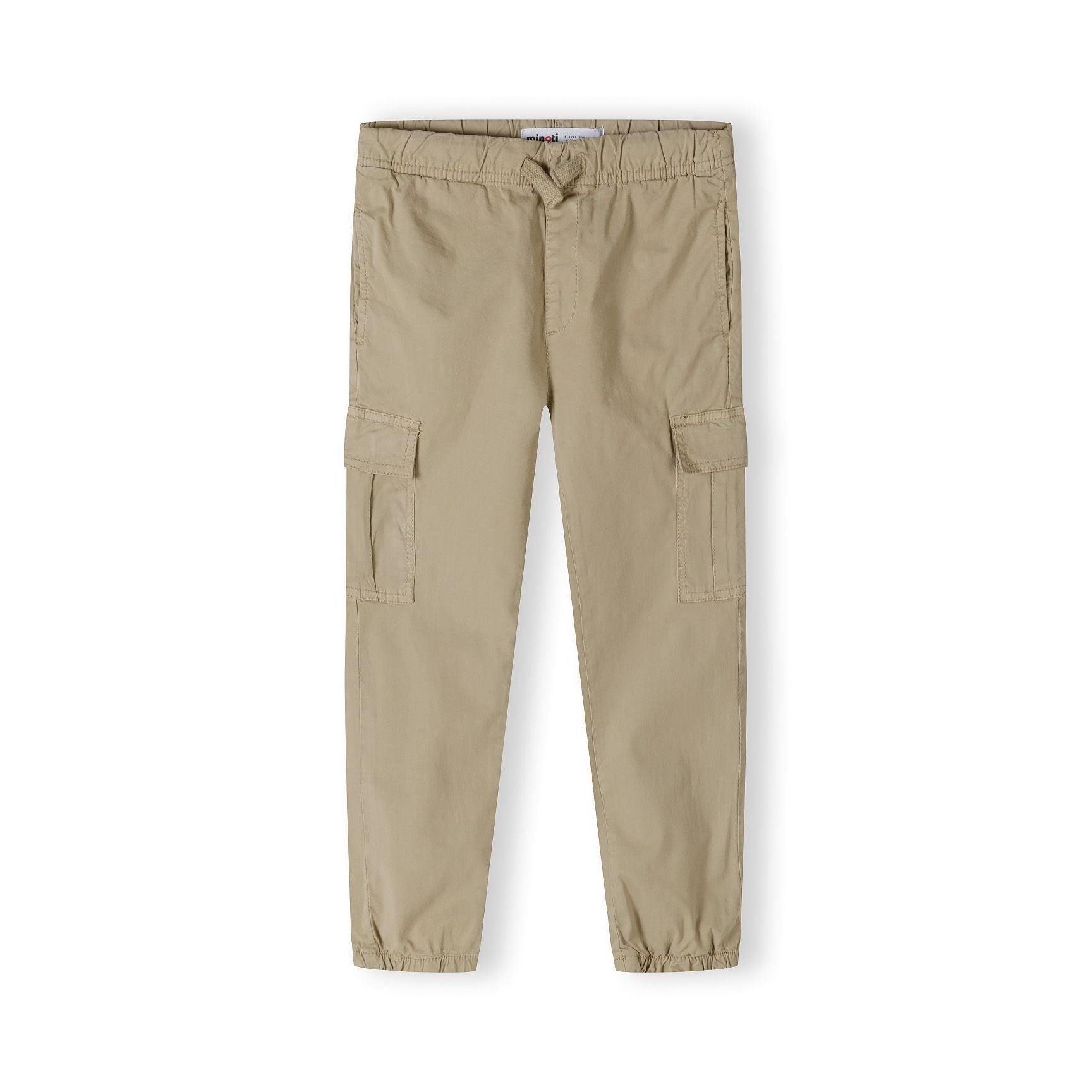 Back view of khaki cargo trousers showing elasticated waistband, back pockets and tapered leg design on white background