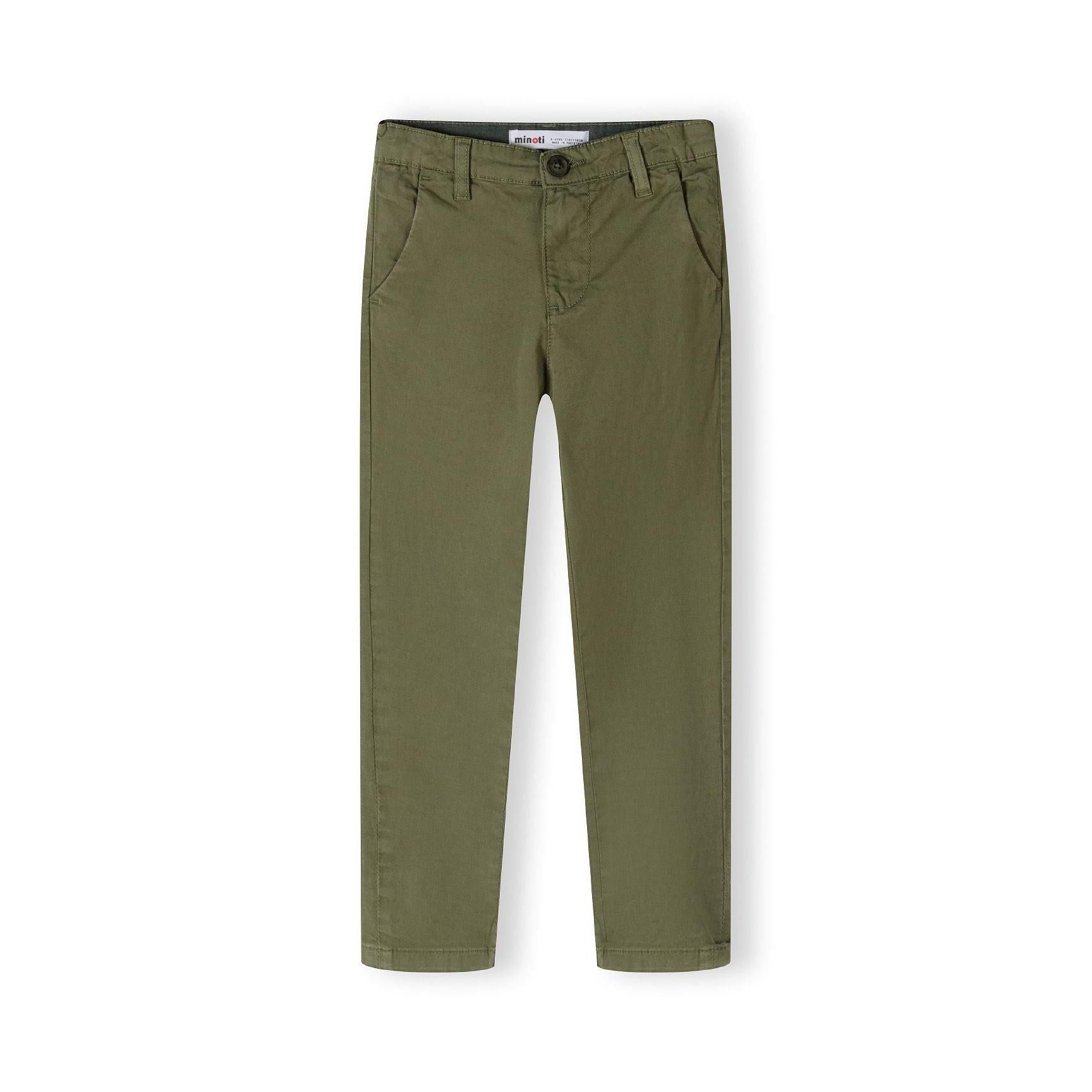 Flat lay view of olive green chino trousers showing full length and back design with elasticated waist