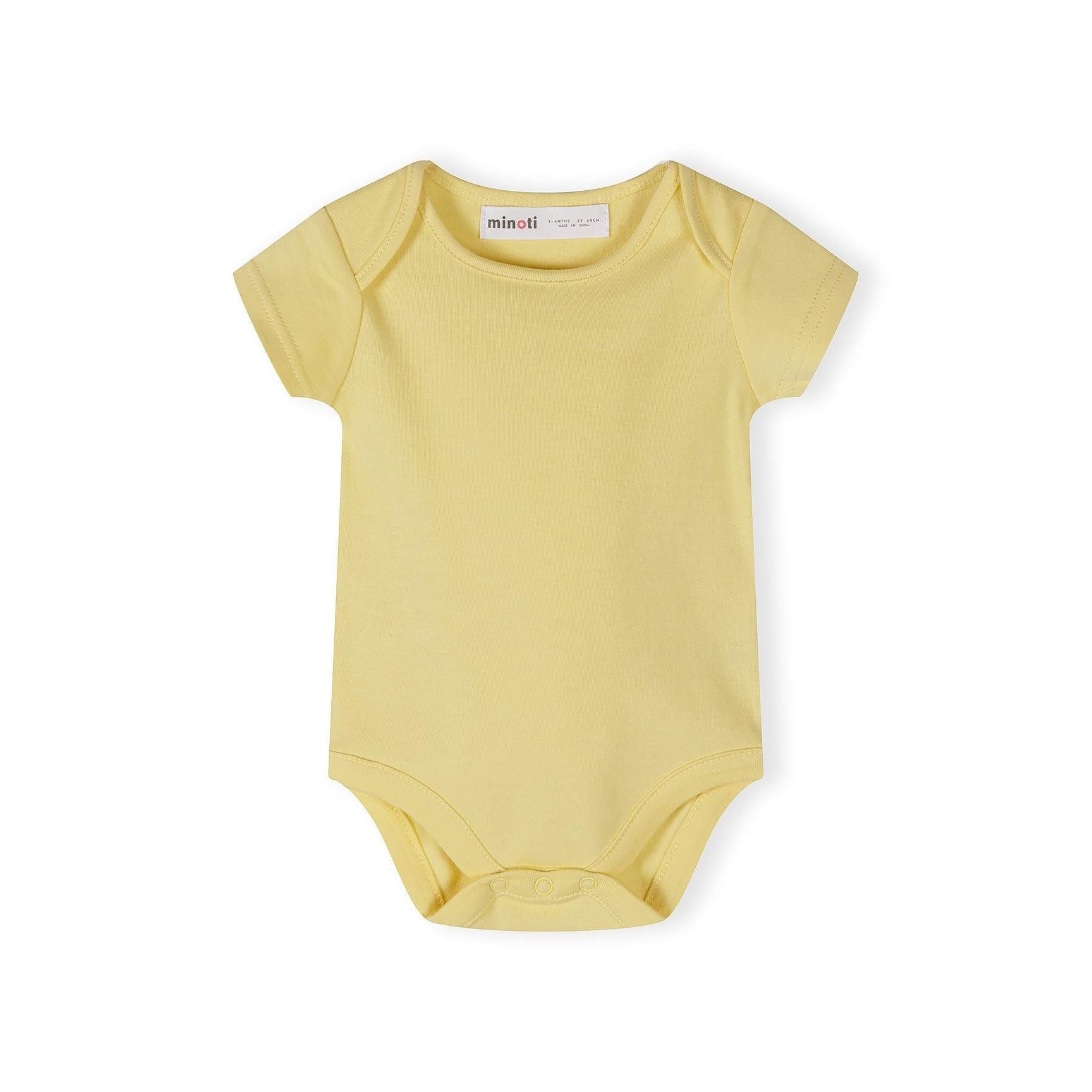 Single yellow short sleeve baby bodysuit laid flat on white background, showing Minoti label and plain design with envelope neckline
