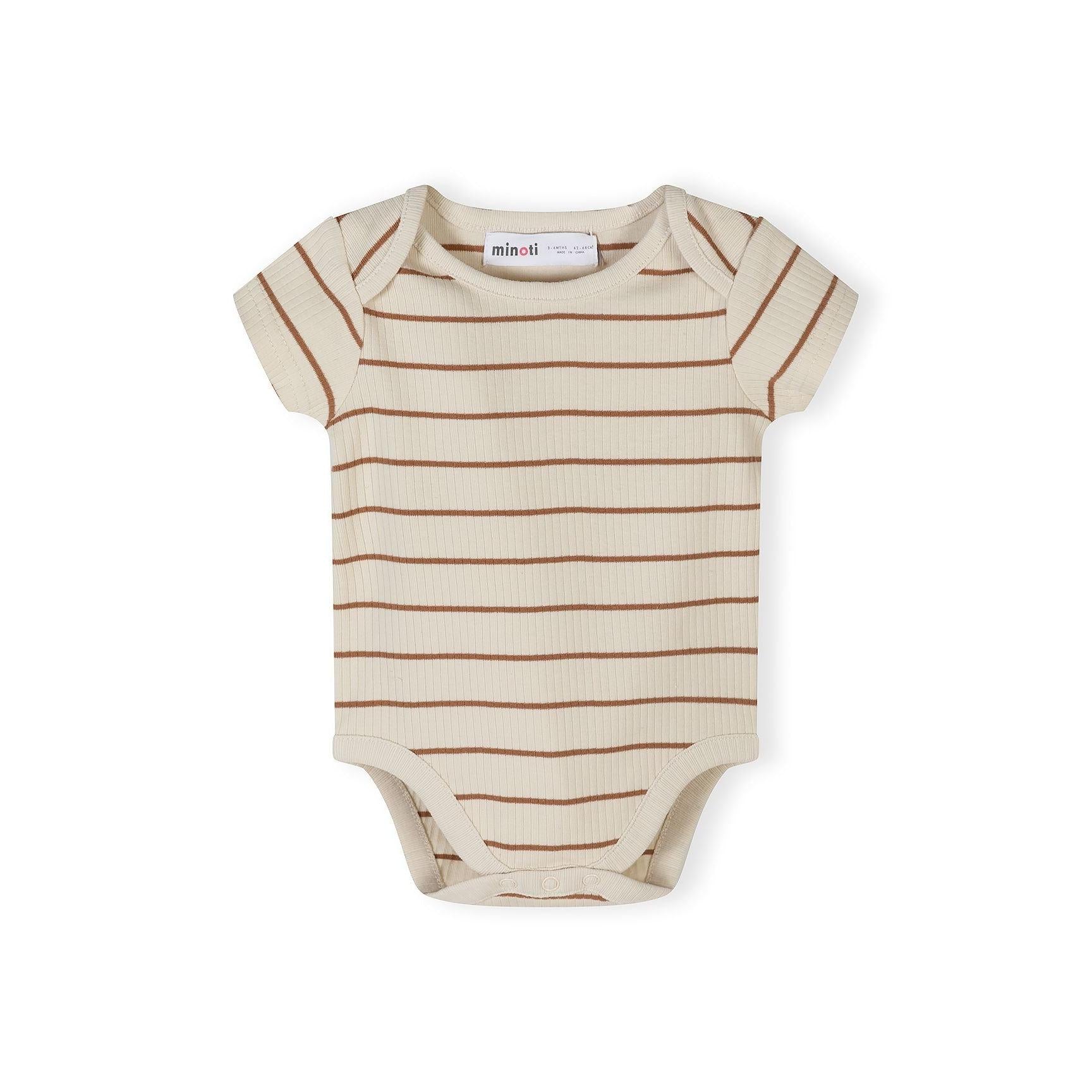 Close-up of beige ribbed bodysuit with small black giraffe print and 'HELLO' text on chest area