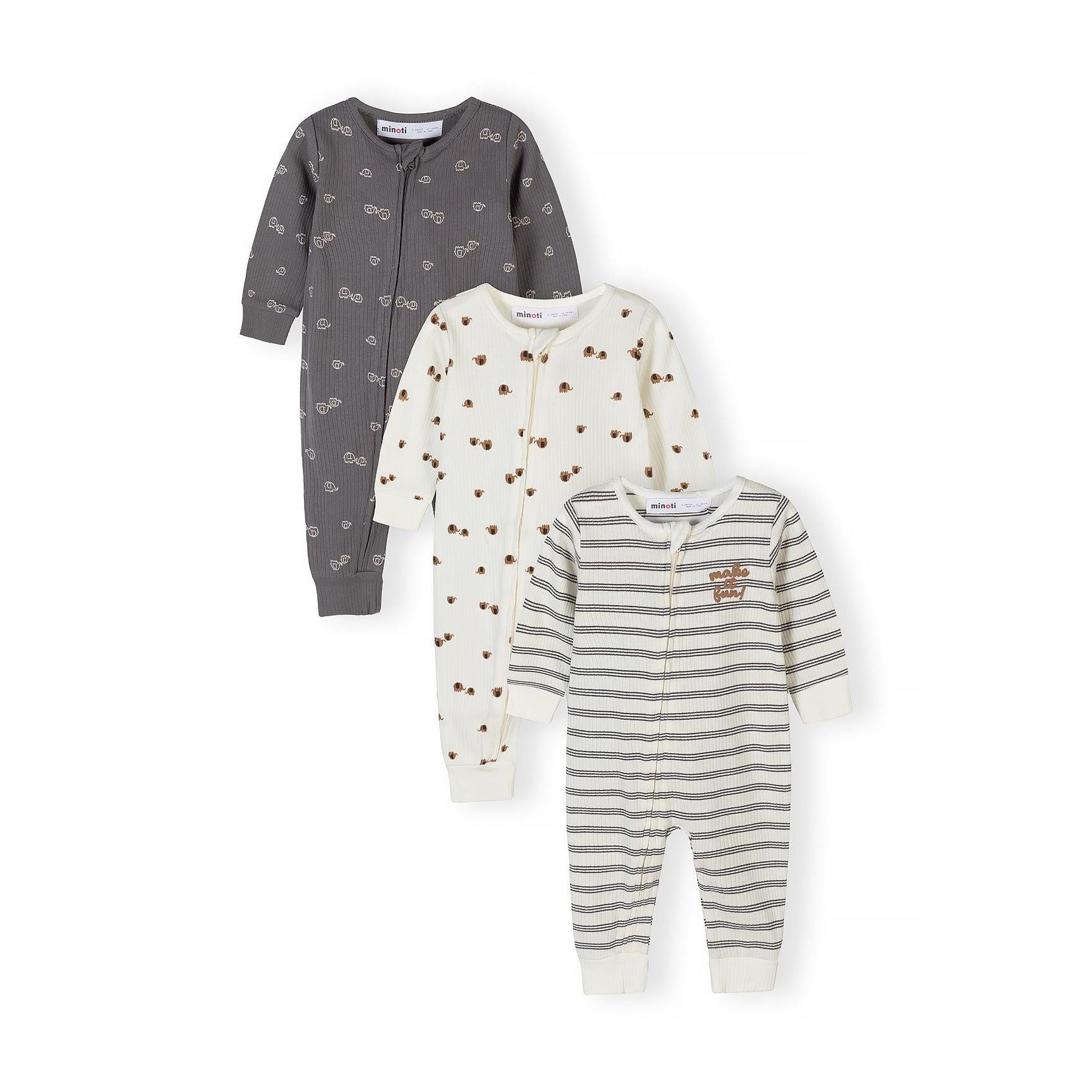 Three baby rompers displayed on white background showing grey elephant print, cream spotted, and striped designs with full-zip closures