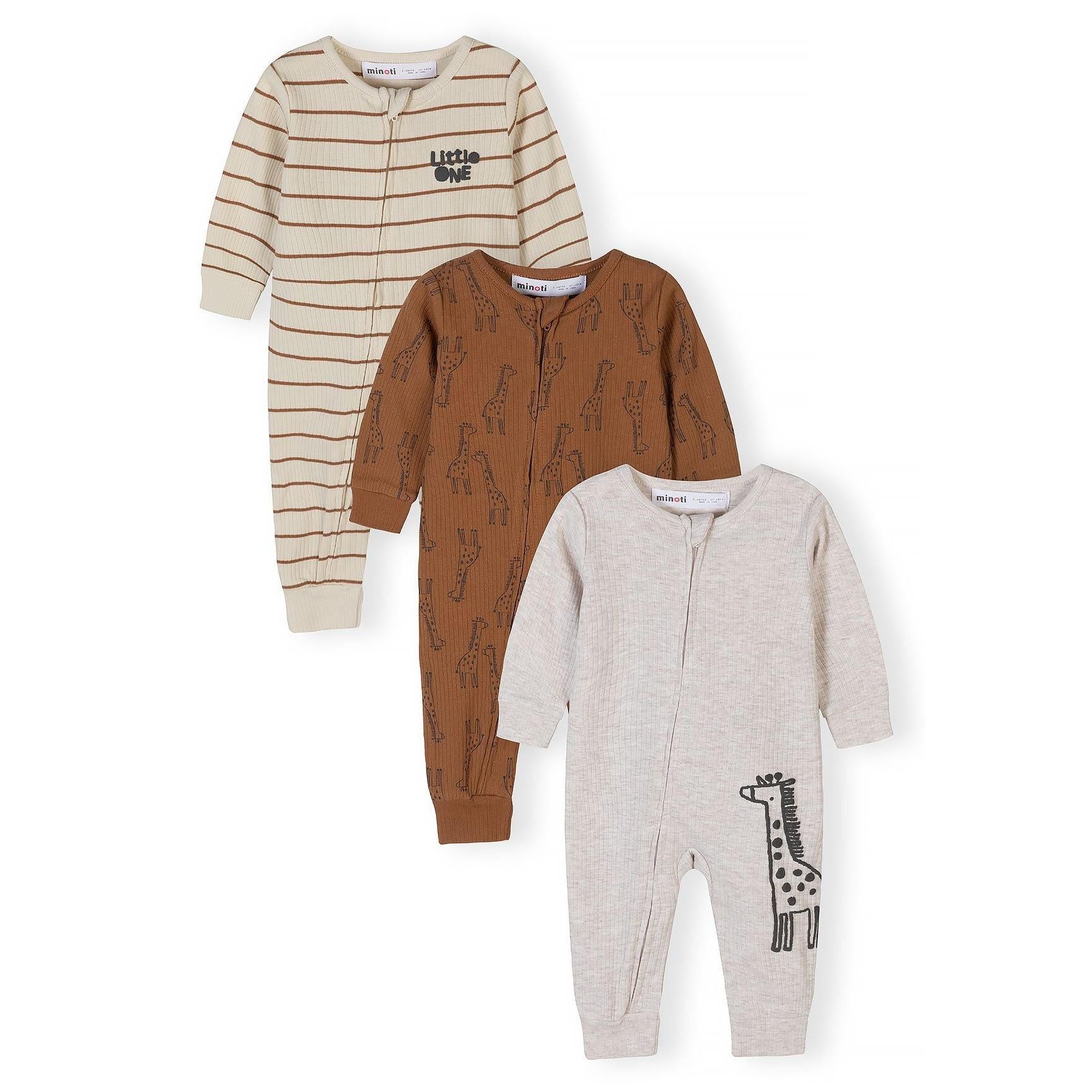 Three baby rompers laid flat showing beige striped with Little One text, brown with giraffe print, and light grey ribbed with giraffe graphic