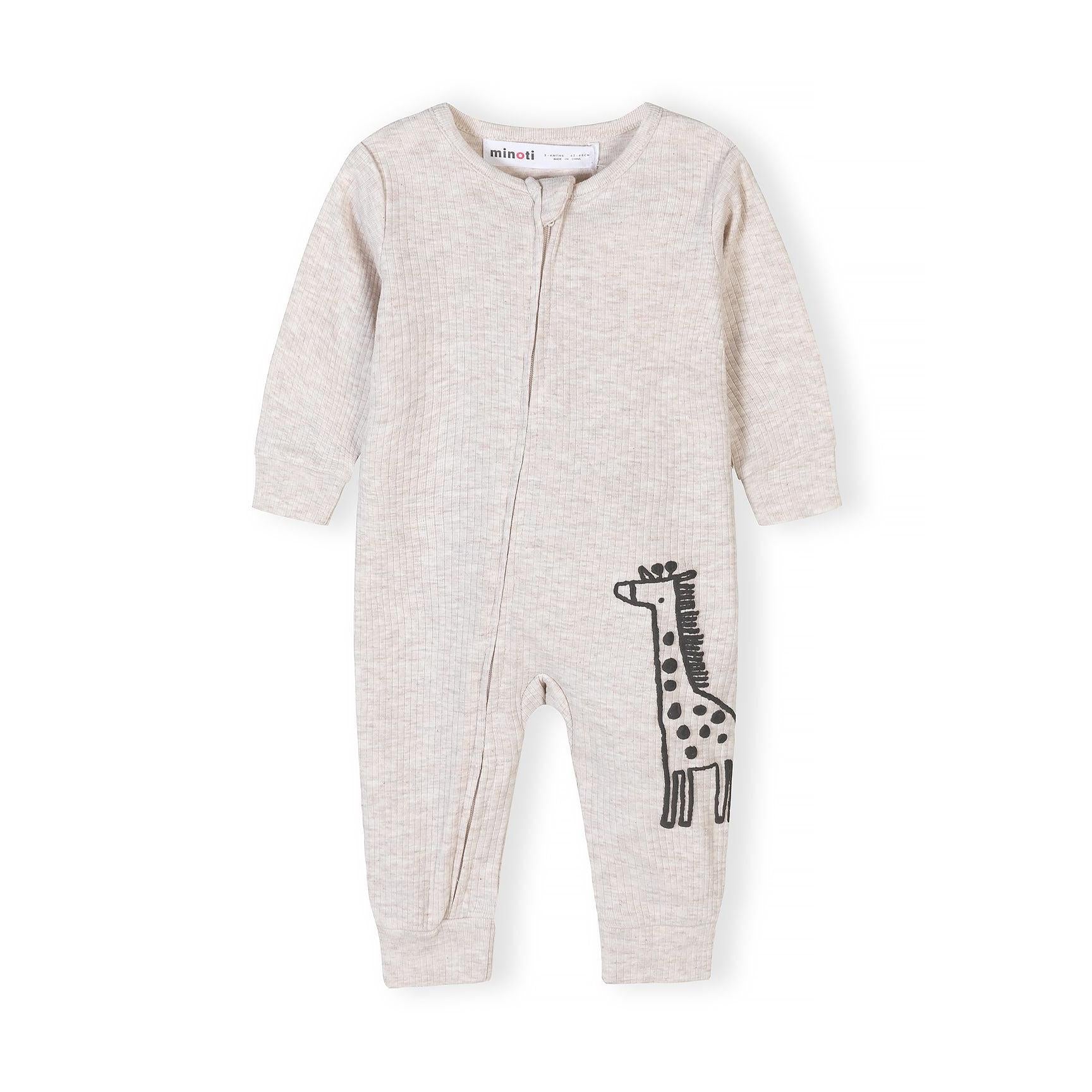Single beige striped ribbed romper with brown stripes and Little One text detail, front zip closure visible