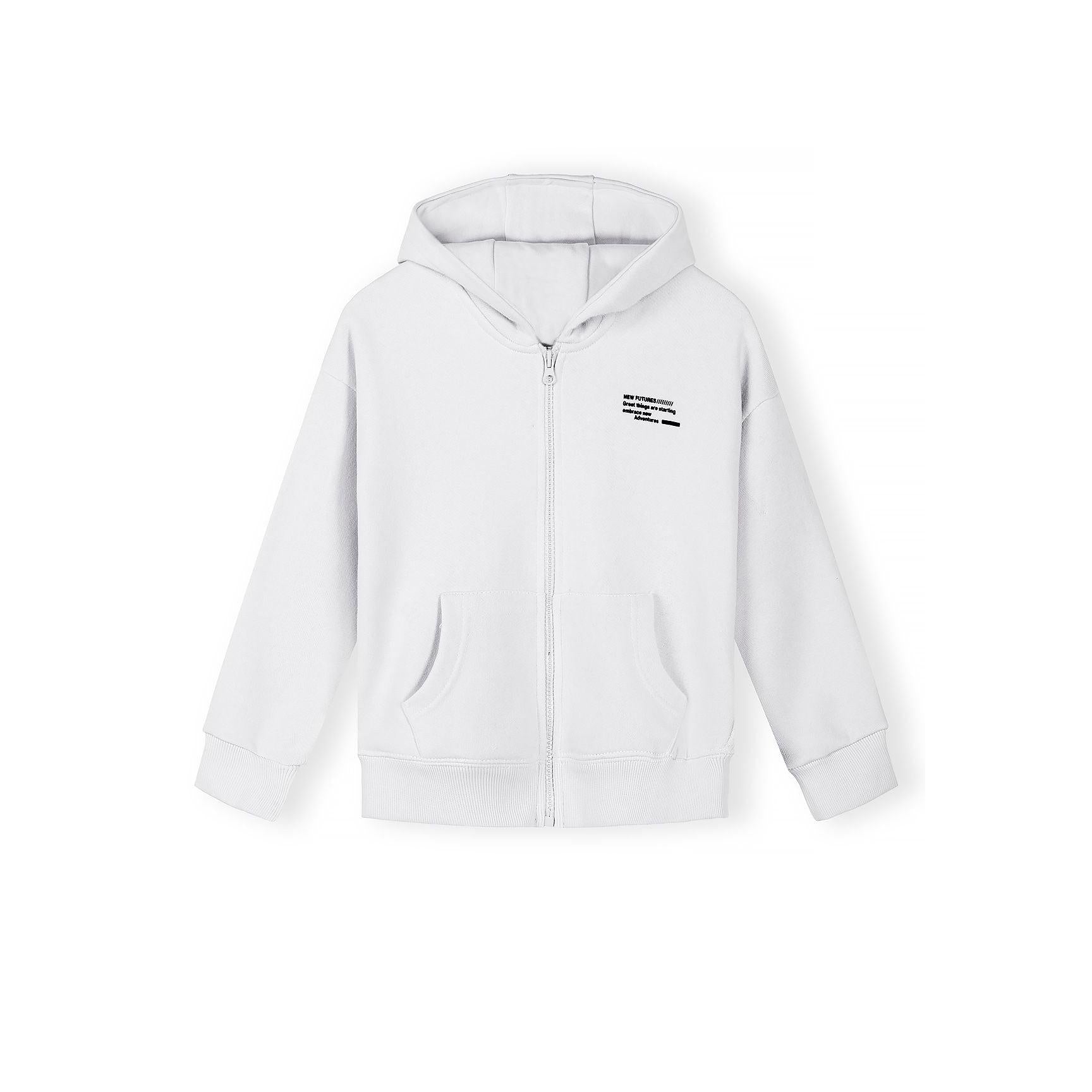 Single white zip-up hoodie displayed flat against white background, showing full front view with drawstring hood, front zipper, kangaroo pocket, and ribbed cuffs and hem