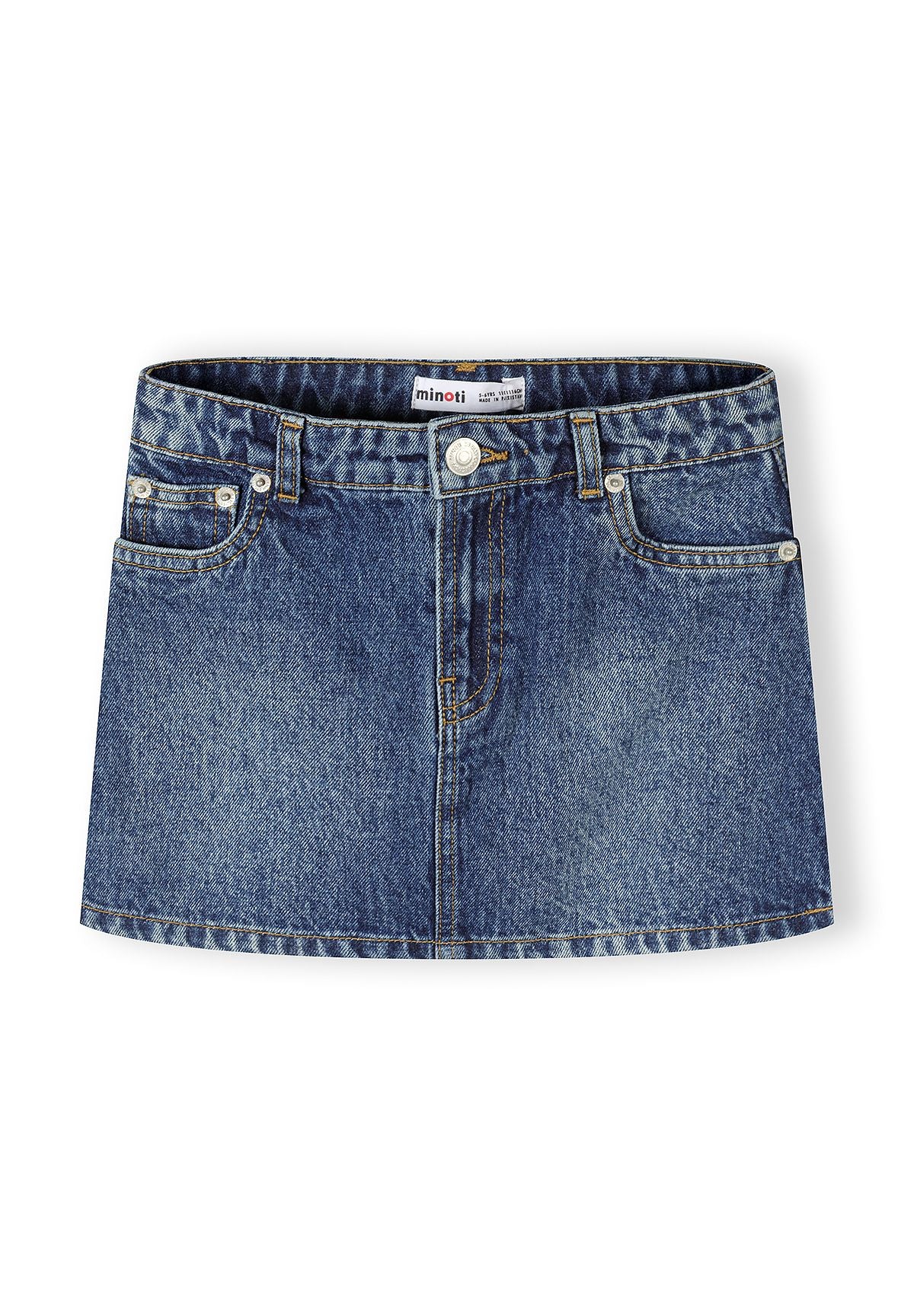 Back view of dark blue denim A-line skirt showing two back pockets, belt loops and Minoti leather label patch on white background