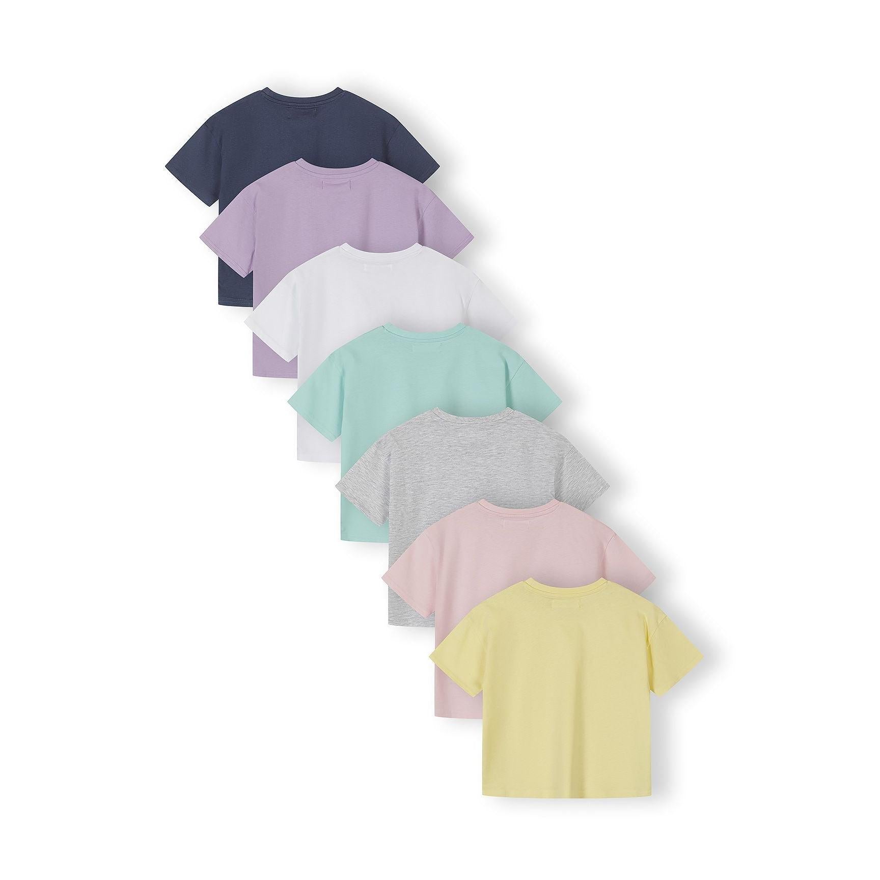 Single lilac purple cotton t-shirt with crew neck shown flat against white background displaying the soft fabric texture