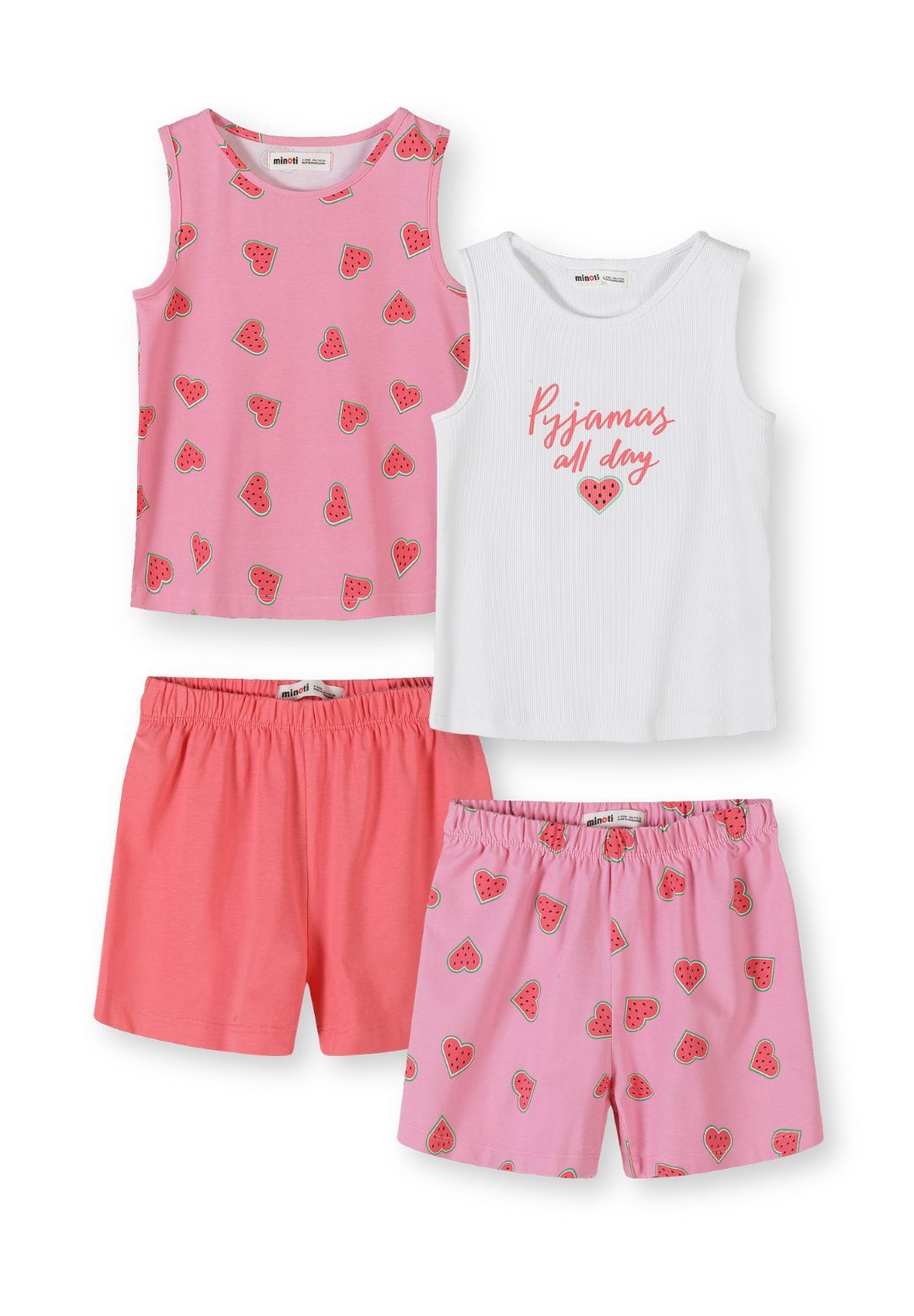White ribbed sleeveless tank top with pink 'Pyjamas all day' text and heart graphic, displayed flat against white background showing Minoti branding