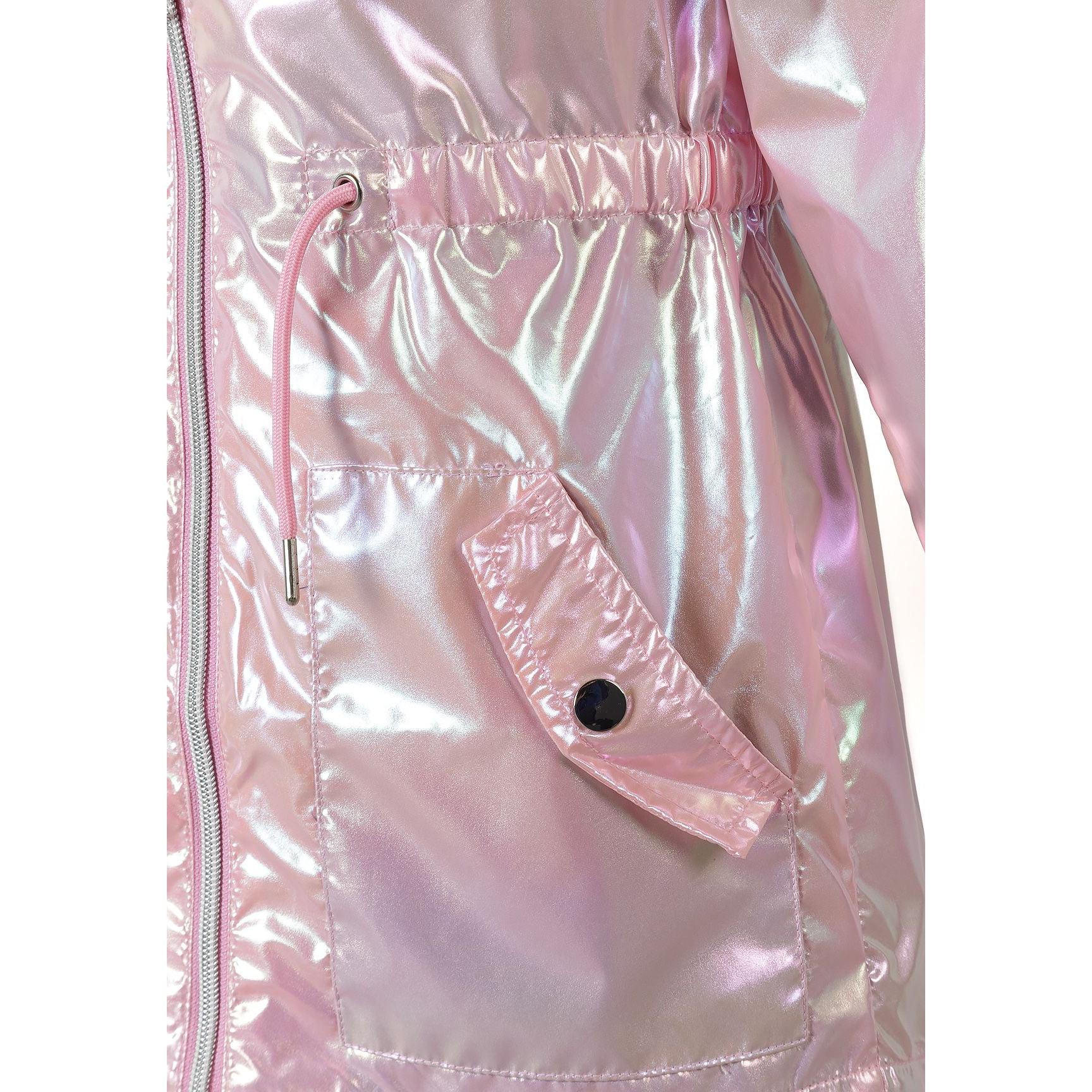 Close-up detail shot of the pink iridescent jacket showing flap pocket with black snap button and drawstring waist tie
