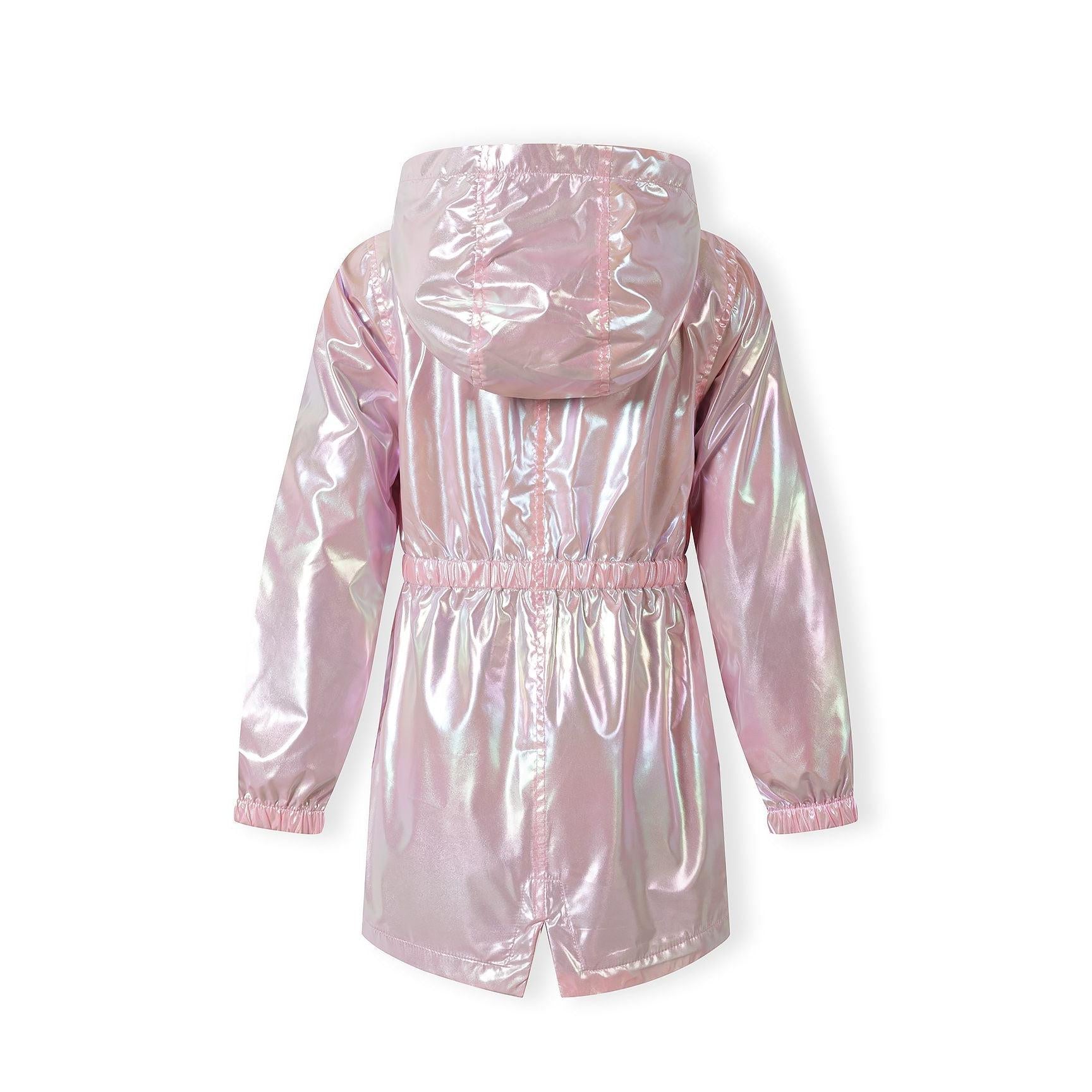 Close-up detail shot of the pink iridescent jacket showing flap pocket with black snap button and drawstring waist tie