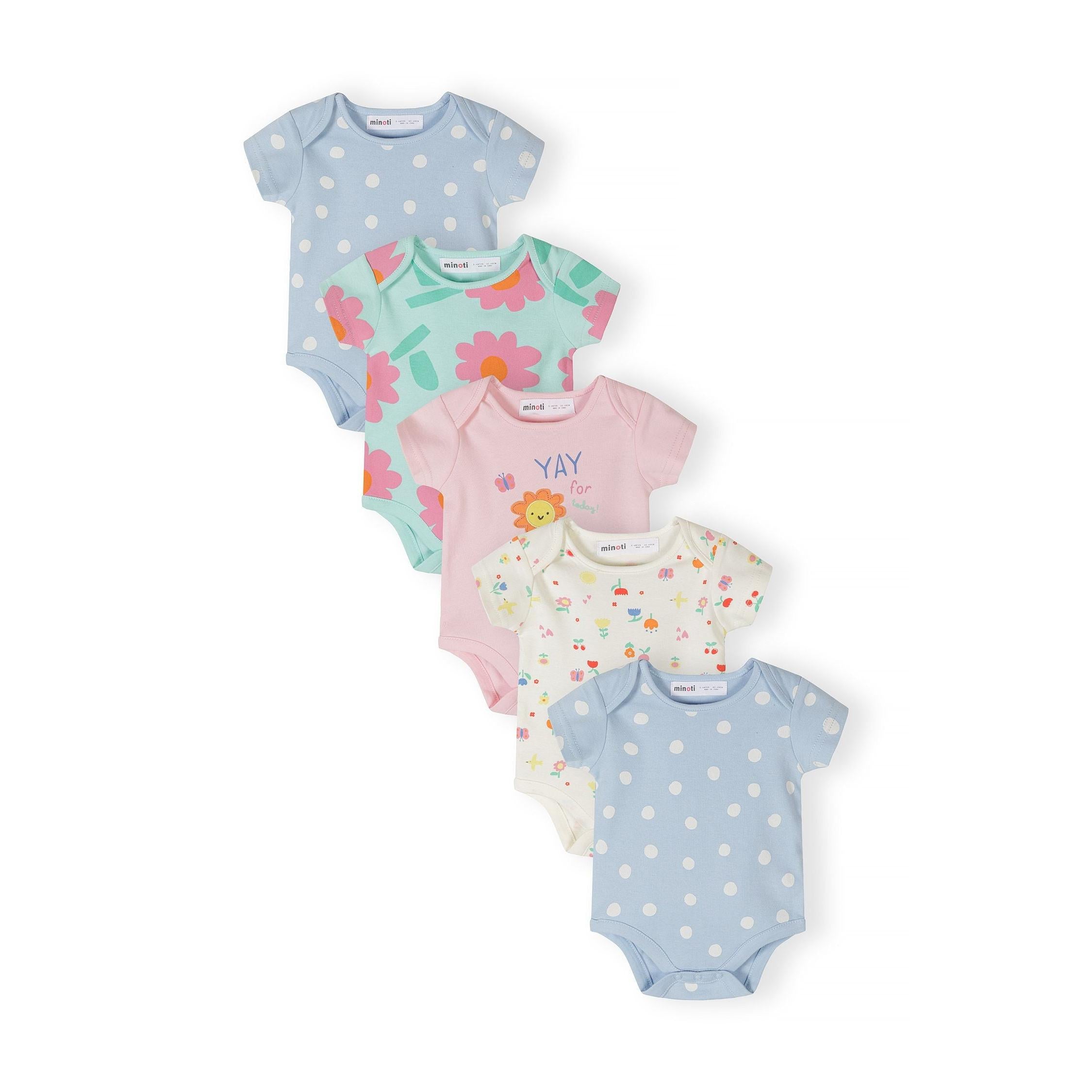Five short sleeve bodysuits arranged in overlapping display showing floral and spot prints in mint green, light blue, pink and cream colours on white background